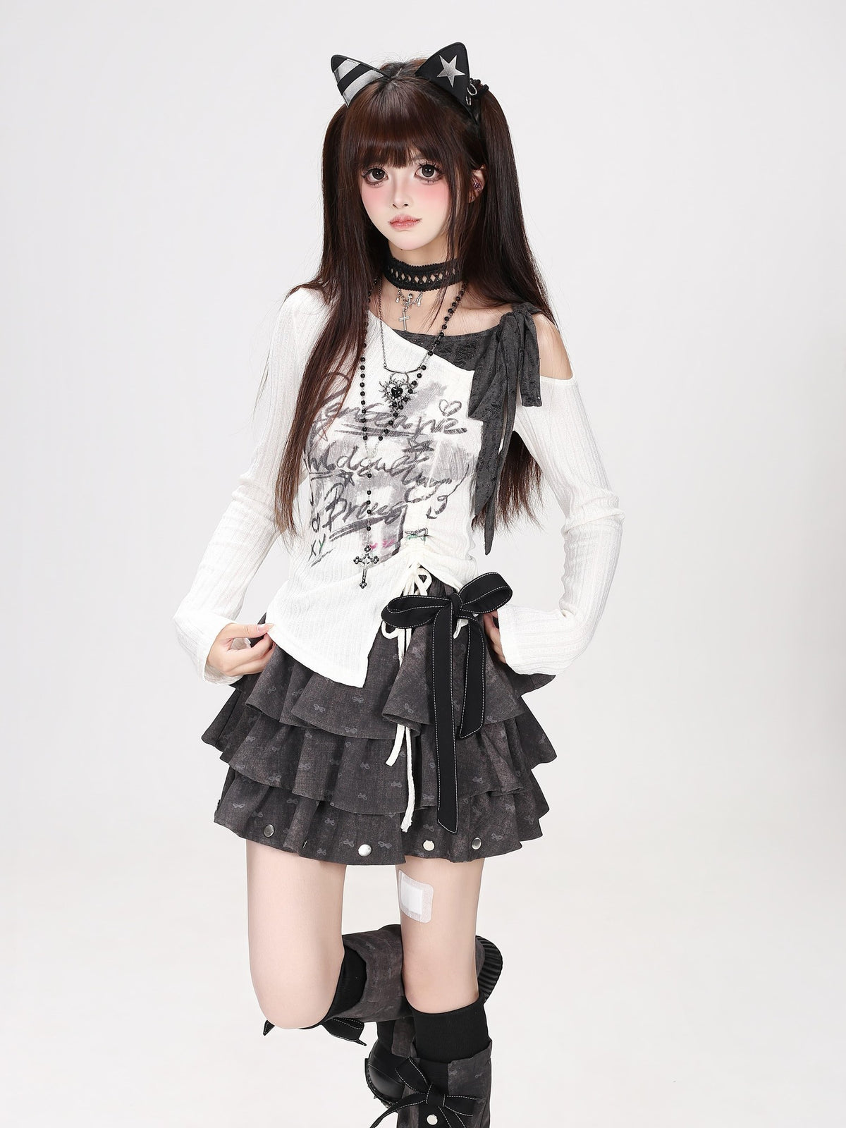 Crazy Girl Star Print Off Shoulder Drawstring Bell Sleeve Women&