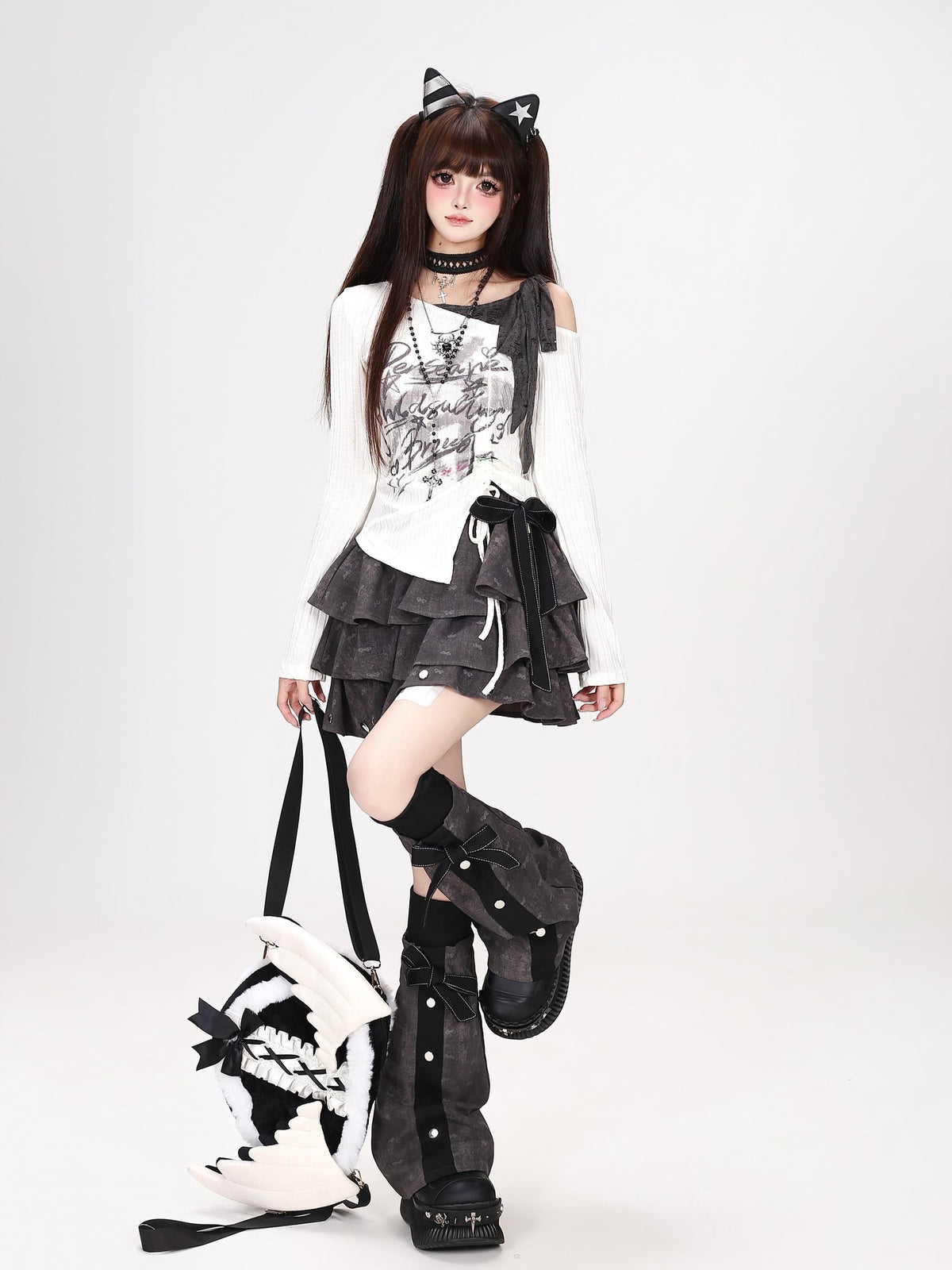 Crazy Girl Star Print Off Shoulder Drawstring Bell Sleeve Women&