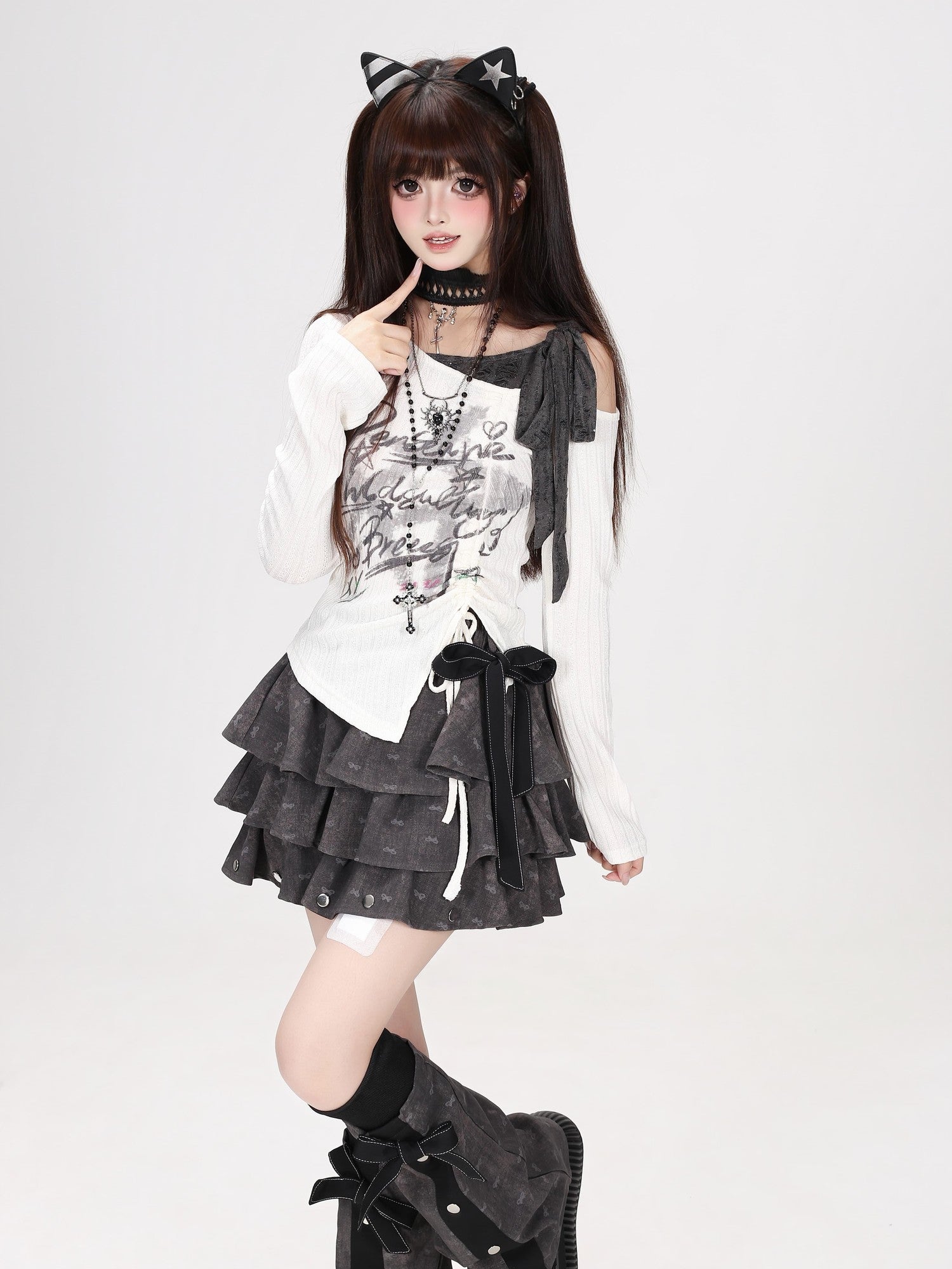 Crazy Girl Star Print Off Shoulder Drawstring Bell Sleeve Women&