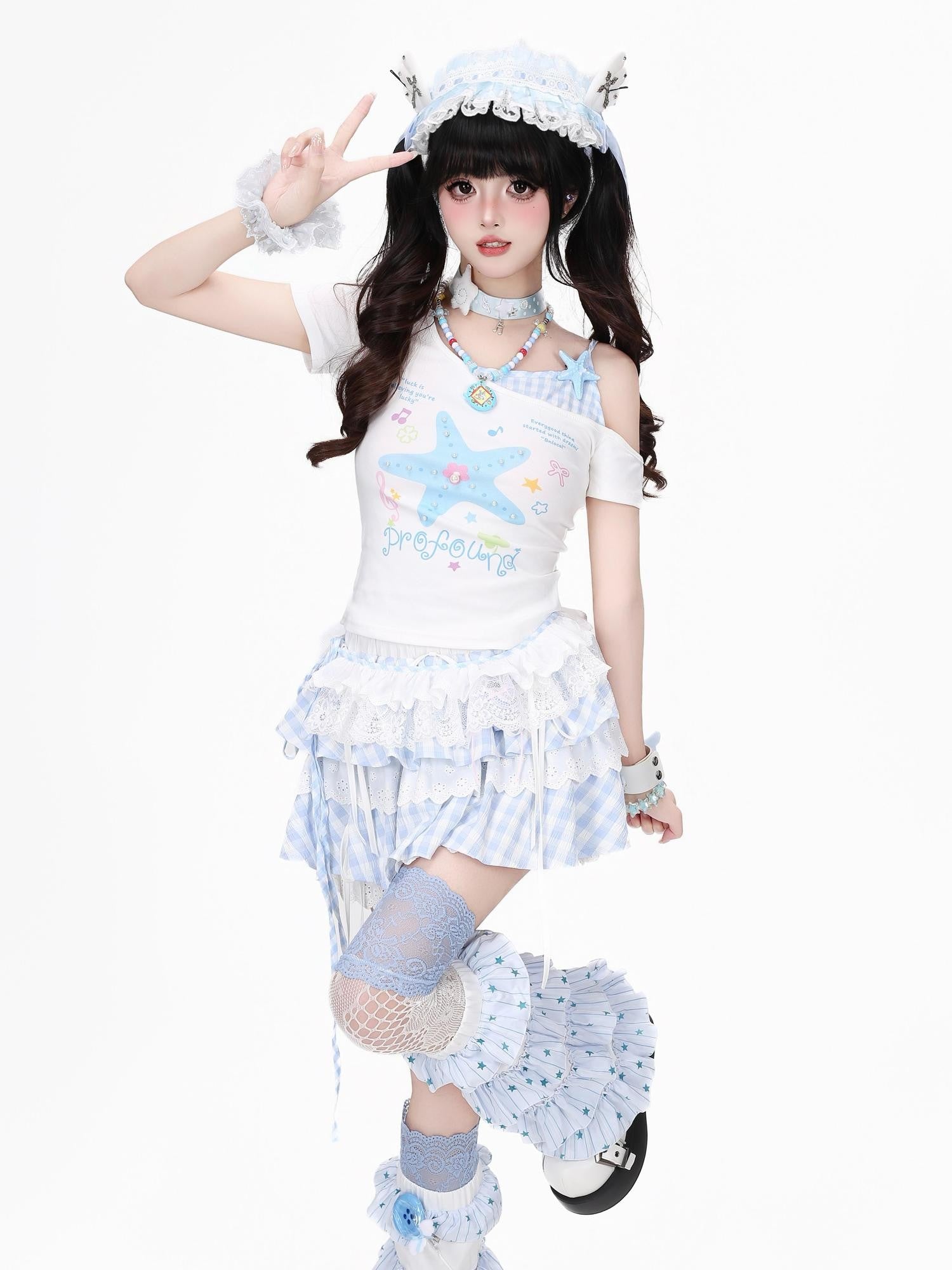 Crazy Girl Starfish Print Lace Patchwork Slim Fit Women&