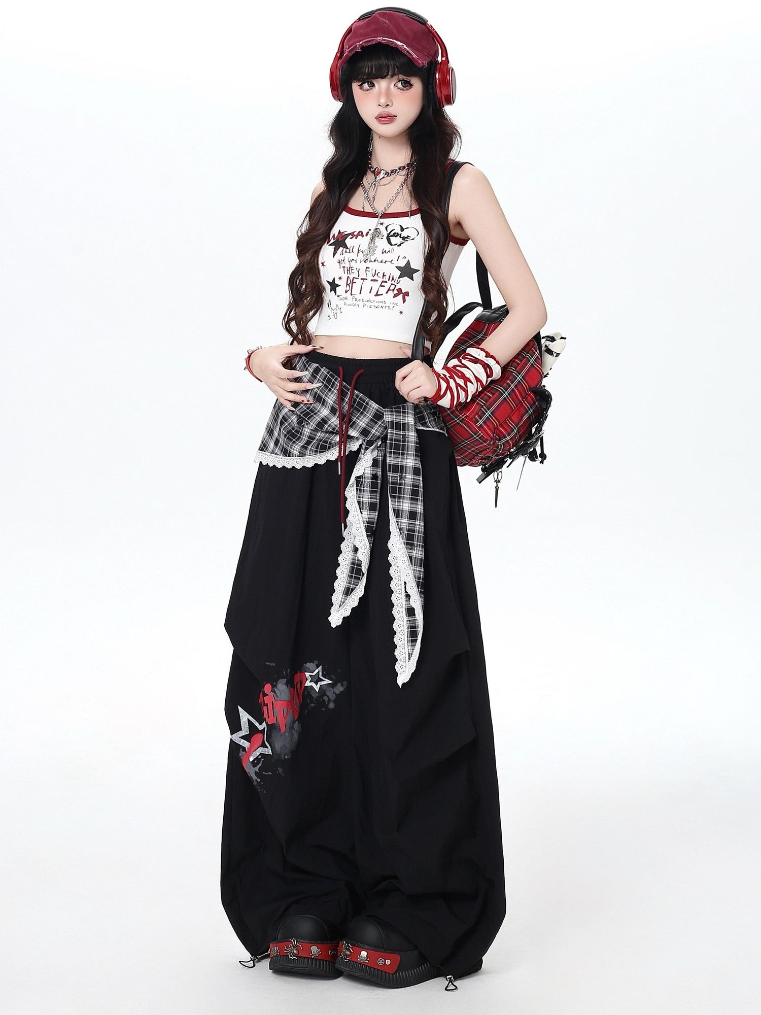 Crazy Girl Street Layered Plaid Cargo Women&