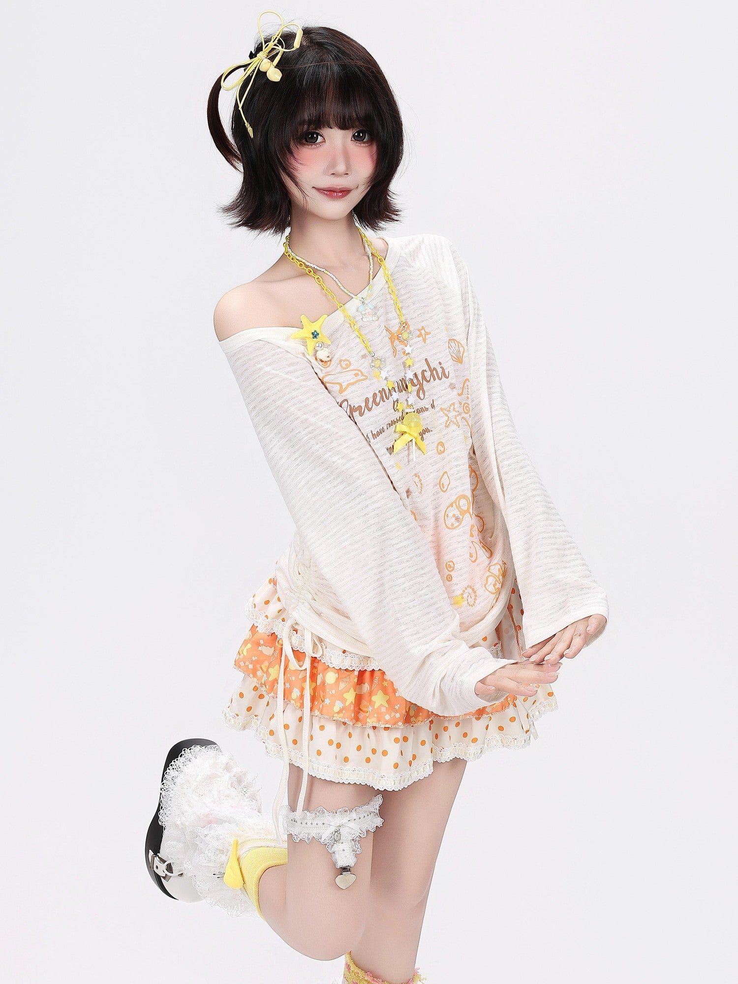 Crazy Girl Striped Cartoon Starfish Shell Print Slim Women&