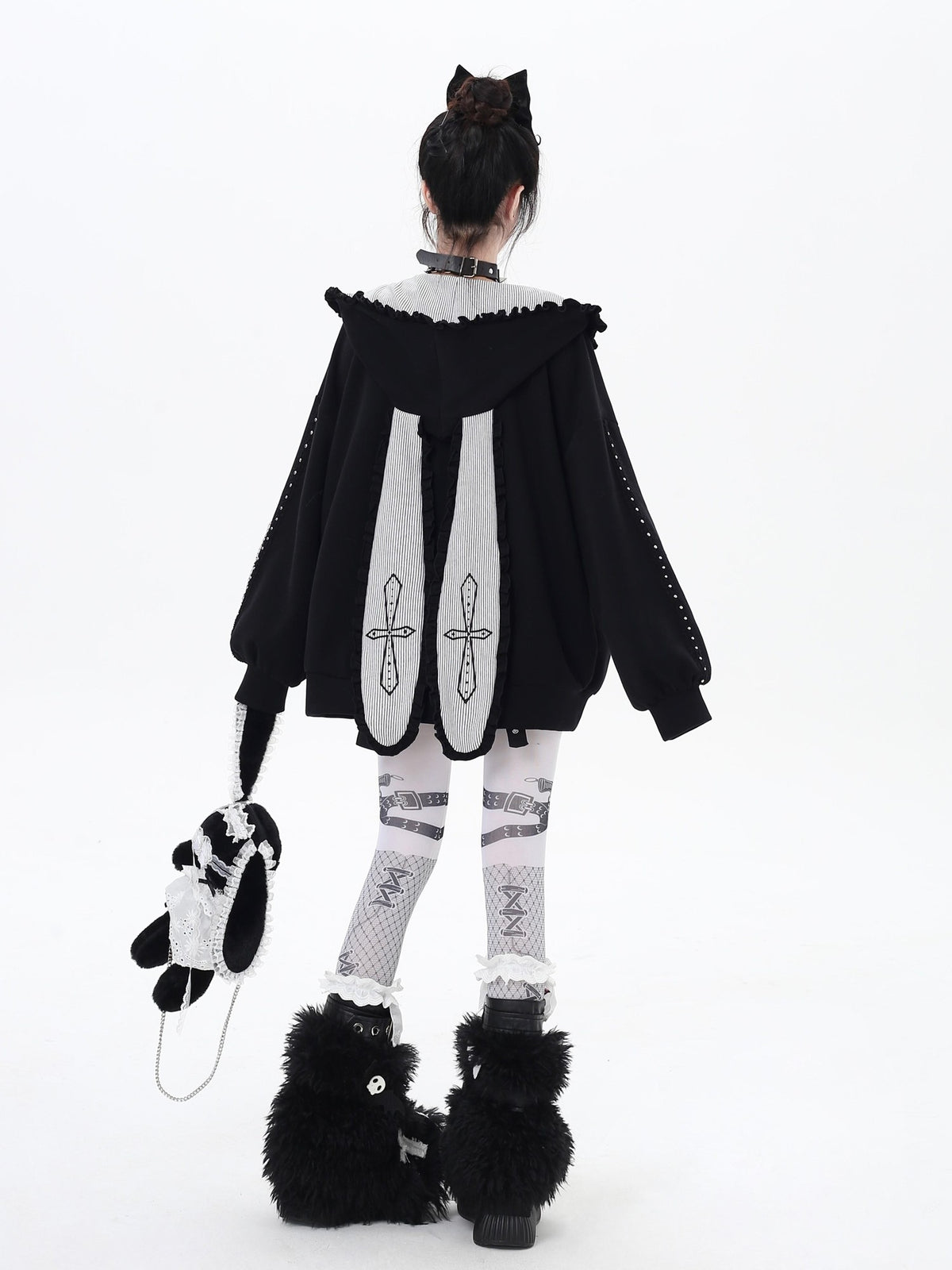 Crazy Girl Striped Rabbit Ear Hooded Long Sleeve Loose Fit Women&