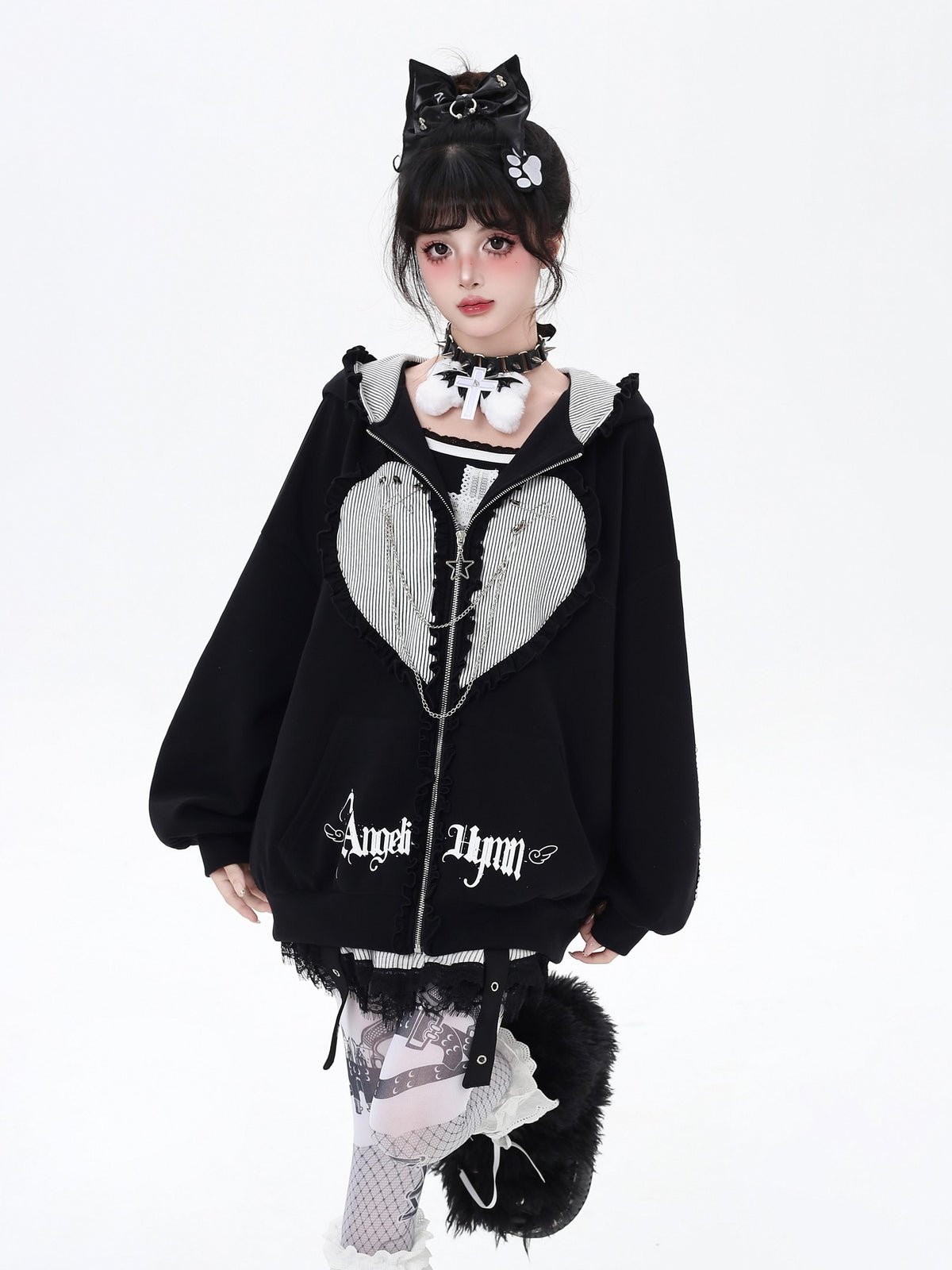Crazy Girl Striped Rabbit Ear Hooded Long Sleeve Loose Fit Women&