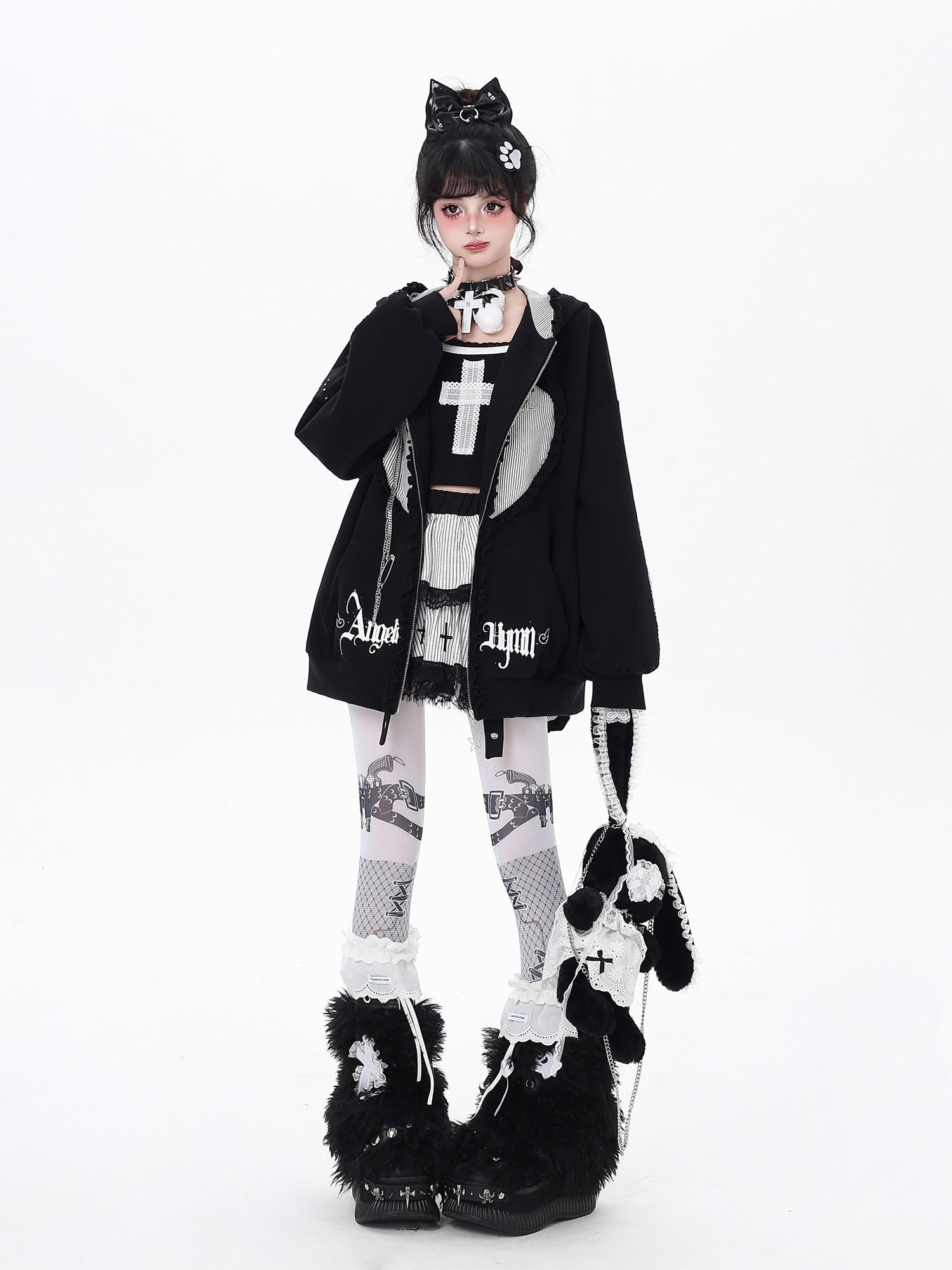Crazy Girl Striped Rabbit Ear Hooded Long Sleeve Loose Fit Women&