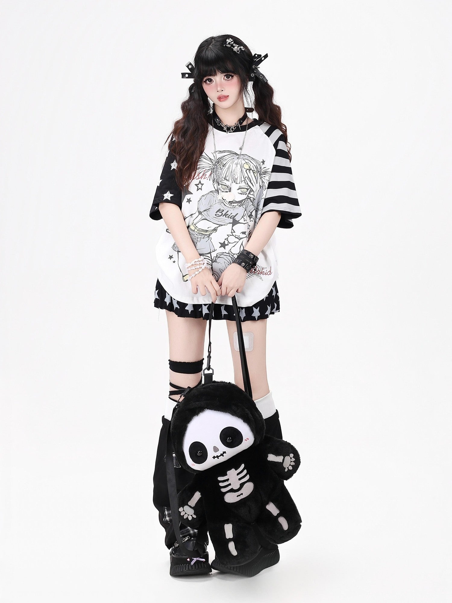 Crazy Girl Striped Star Cartoon Raglan Patchwork Women&