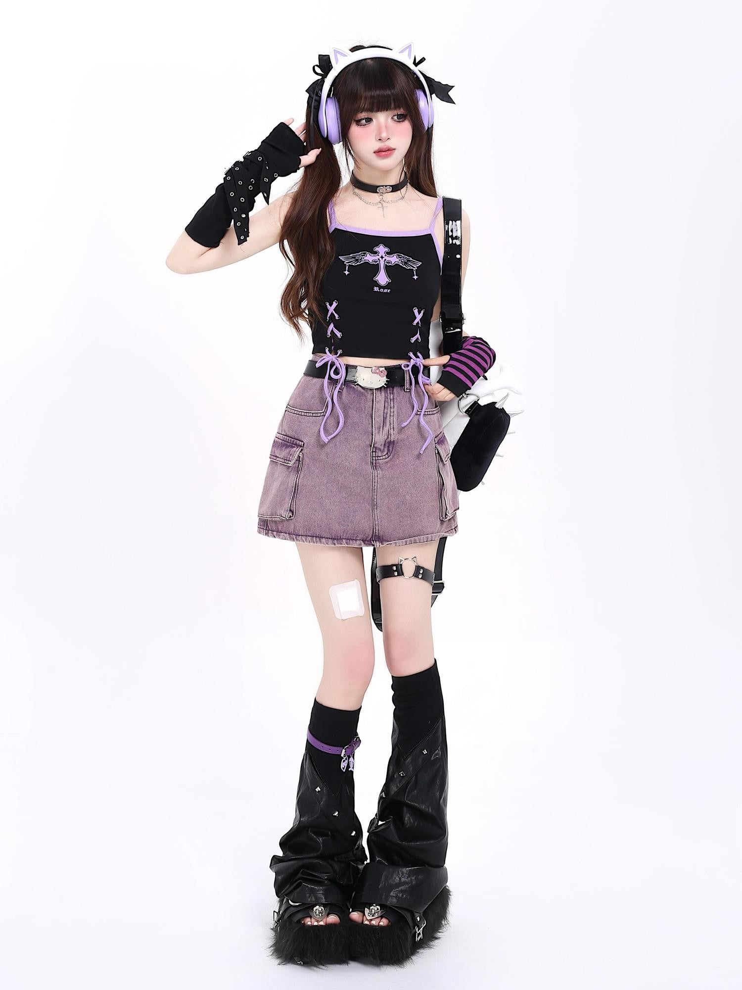 Crazy Girl Subculture Goth Lace Up Strappy Cropped Women&