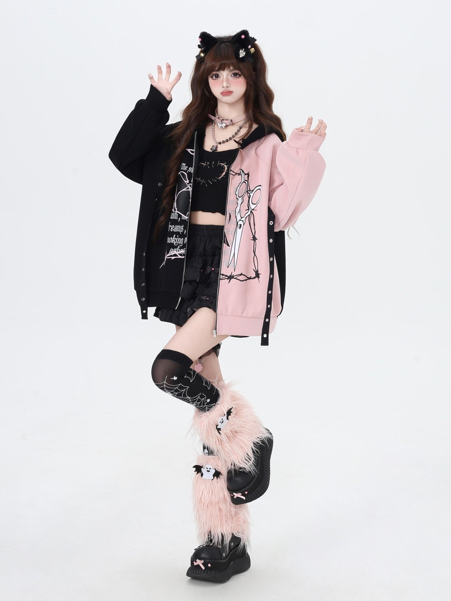 Crazy Girl Sweet Cool Colorblock Hooded Loose Fleece Lined Women&