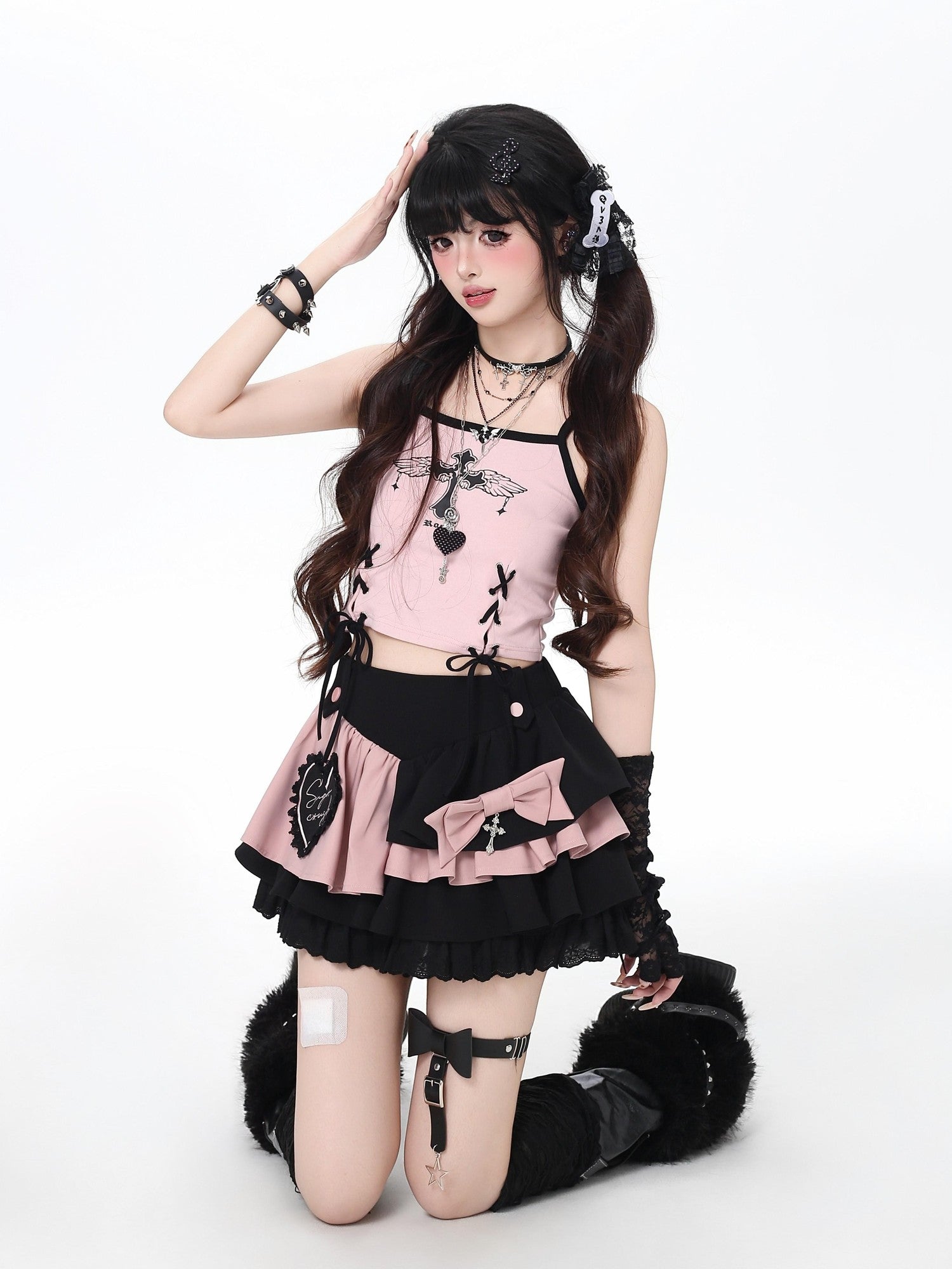 Crazy Girl Sweet Cool Embroidered Tie High Waist Women&