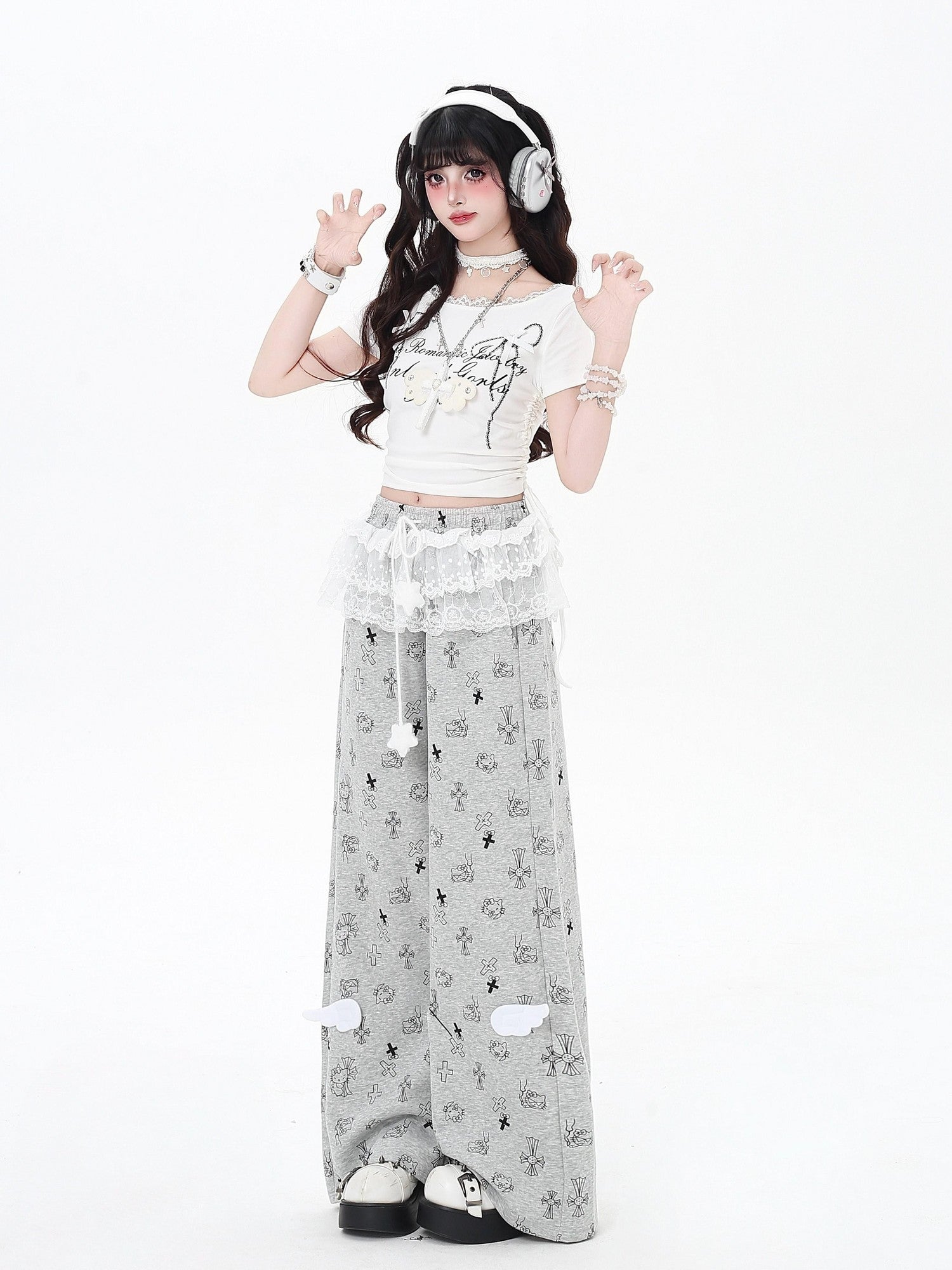 Crazy Girl Sweet Floral Printed Lace Trim High Waist Women&