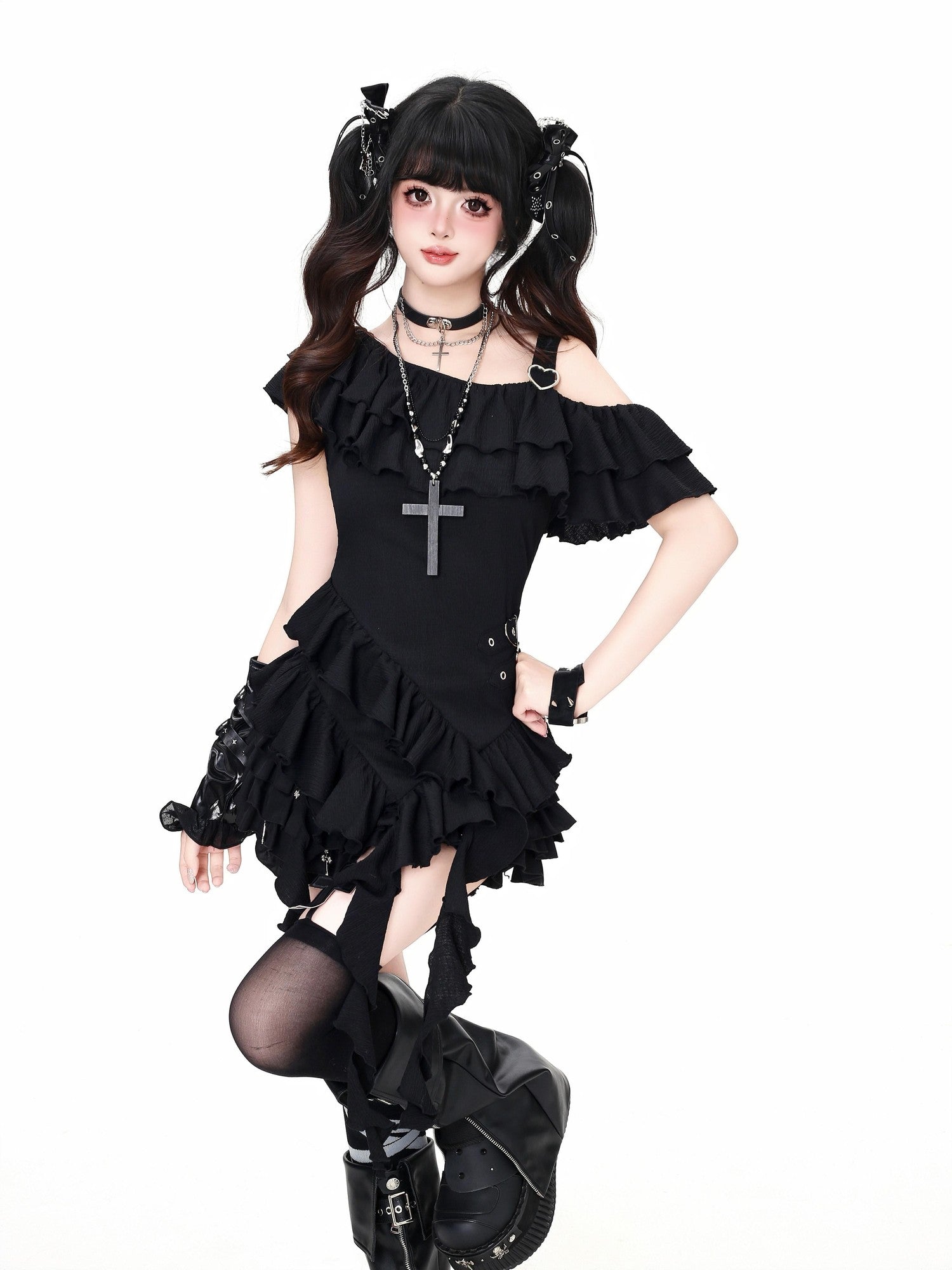 Crazy Girl Sweet Heart Print Ruffle Sleeve Ruched Waist Women&
