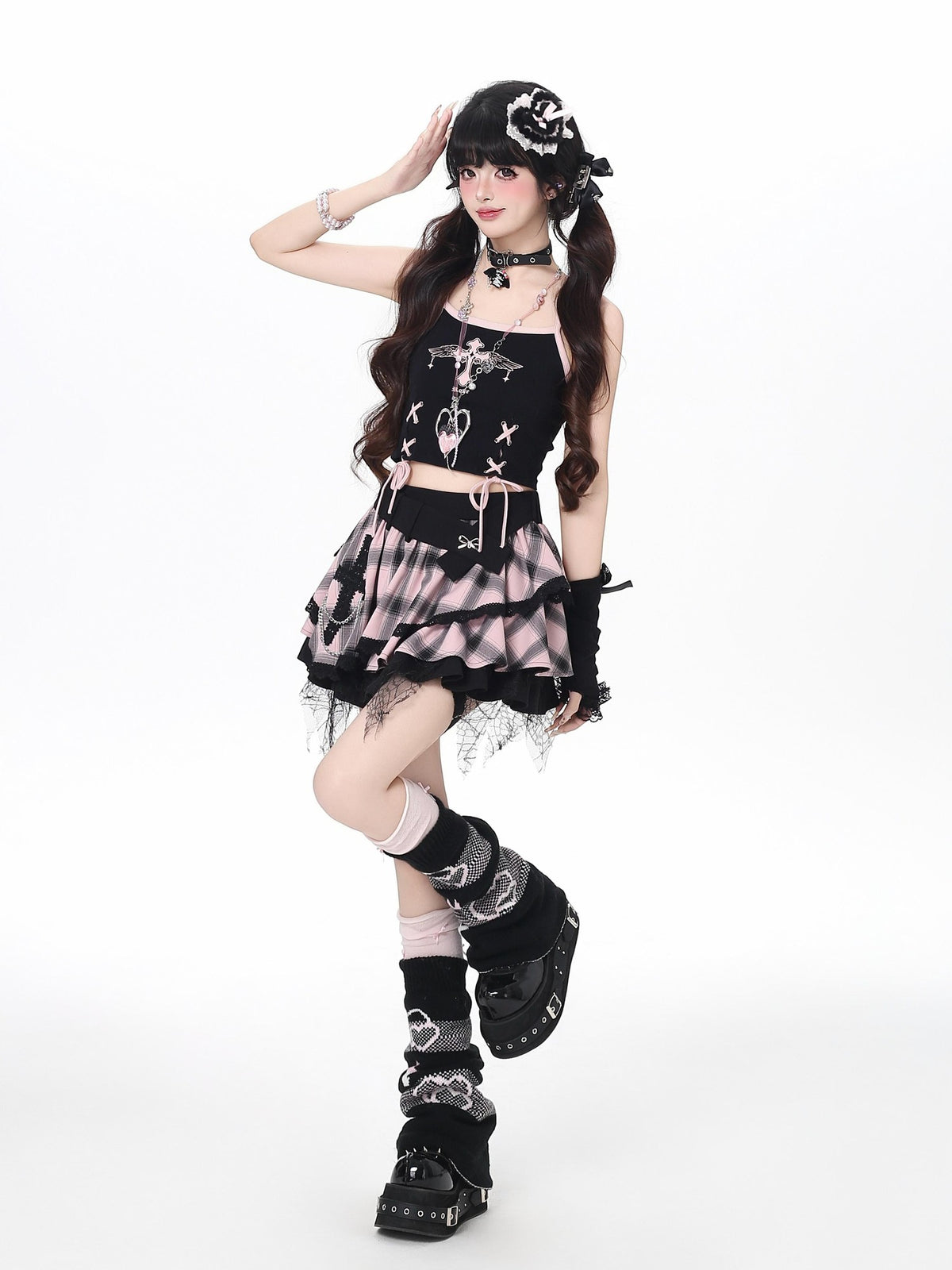 Crazy Girl Tartan Ruffled Puffed Layered Cake High Waist Women&