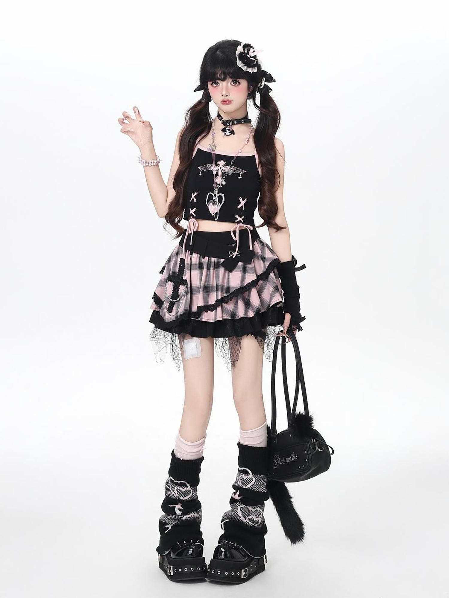Crazy Girl Tartan Ruffled Puffed Layered Cake High Waist Women&