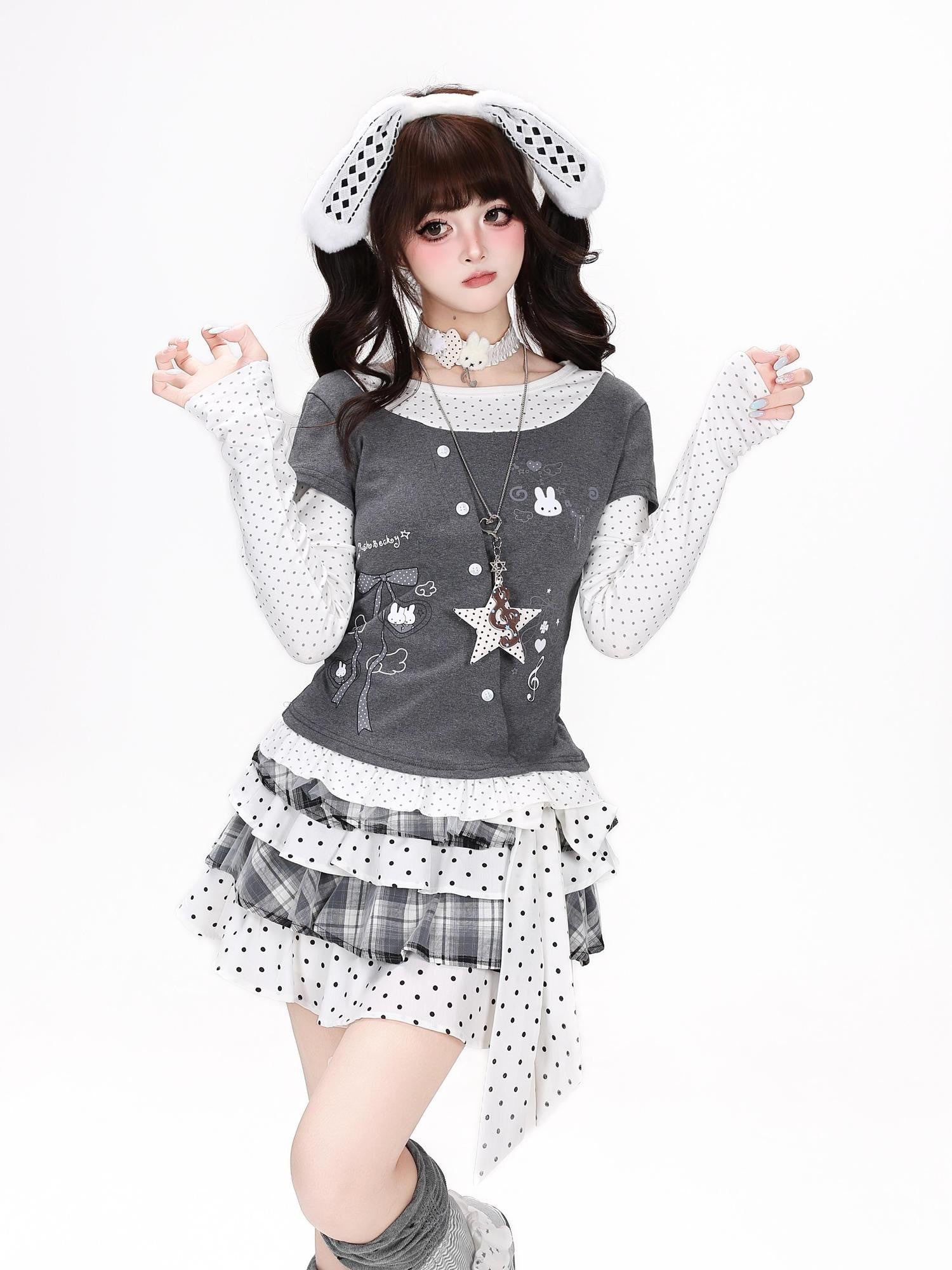 Crazy Girl Three Color Polka Dot Bow Splice Slim Fit Women&