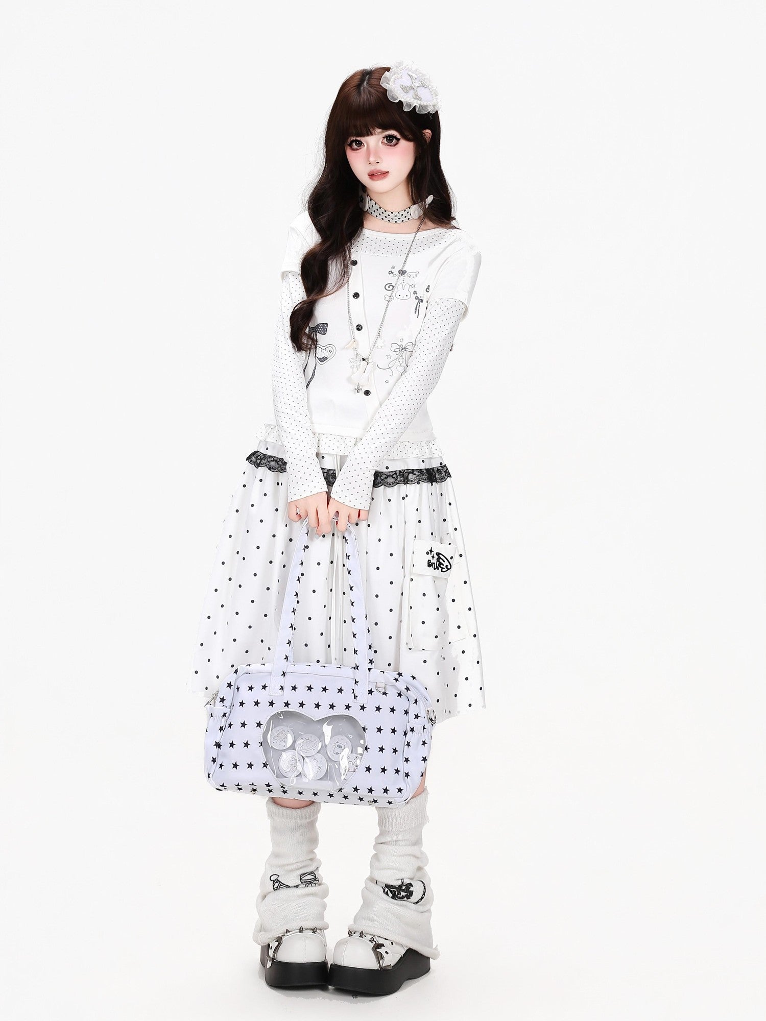 Crazy Girl Three Color Polka Dot Bow Splice Slim Fit Women&