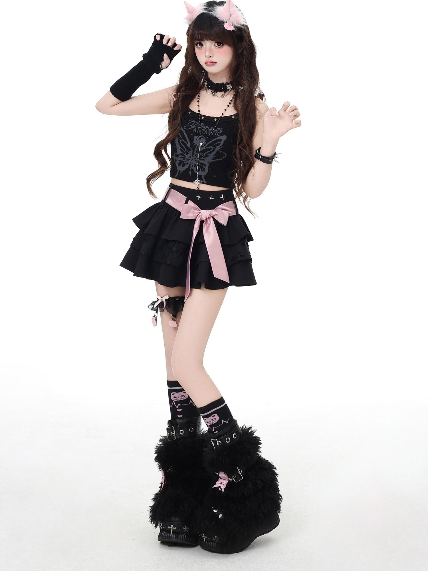 Crazy Girl Vintage Bow Tie Lace Up Puff High Waist Women&