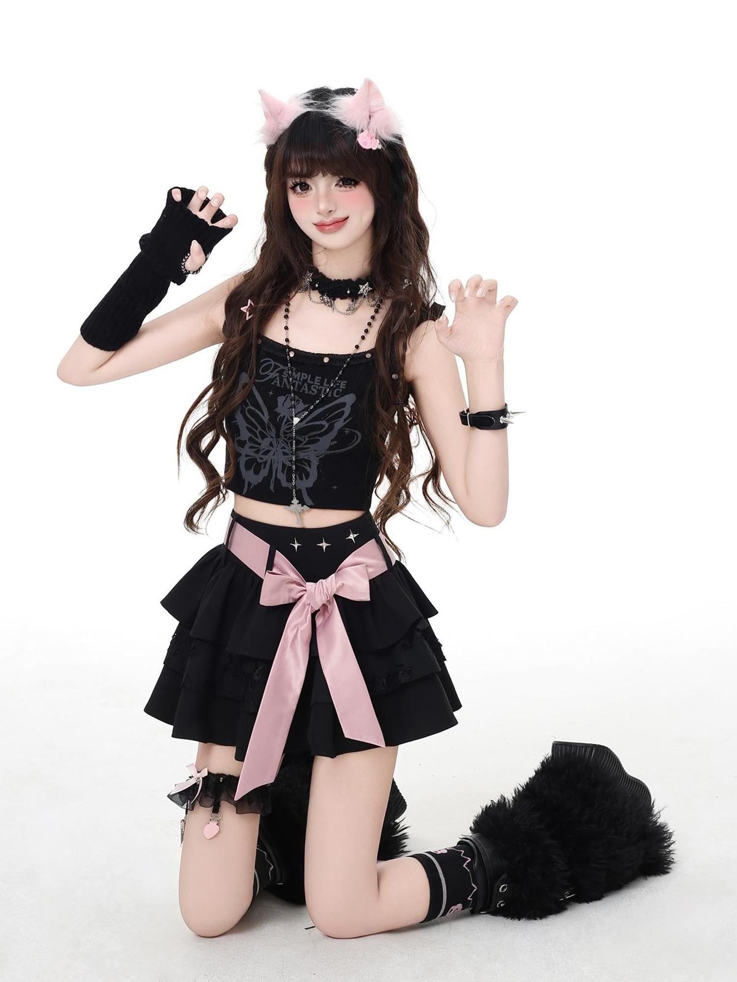 Crazy Girl Vintage Bow Tie Lace Up Puff High Waist Women&