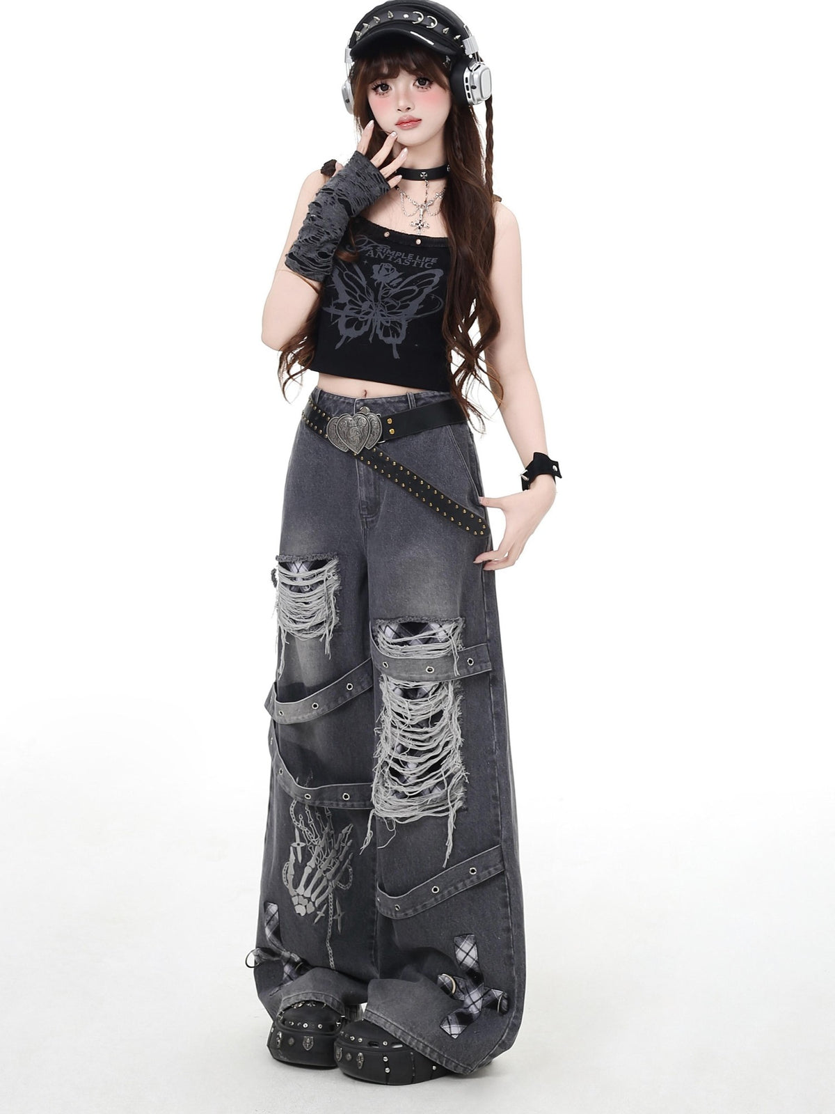 Crazy Girl Vintage Gothic Punk Washed High Waist Loose Women&