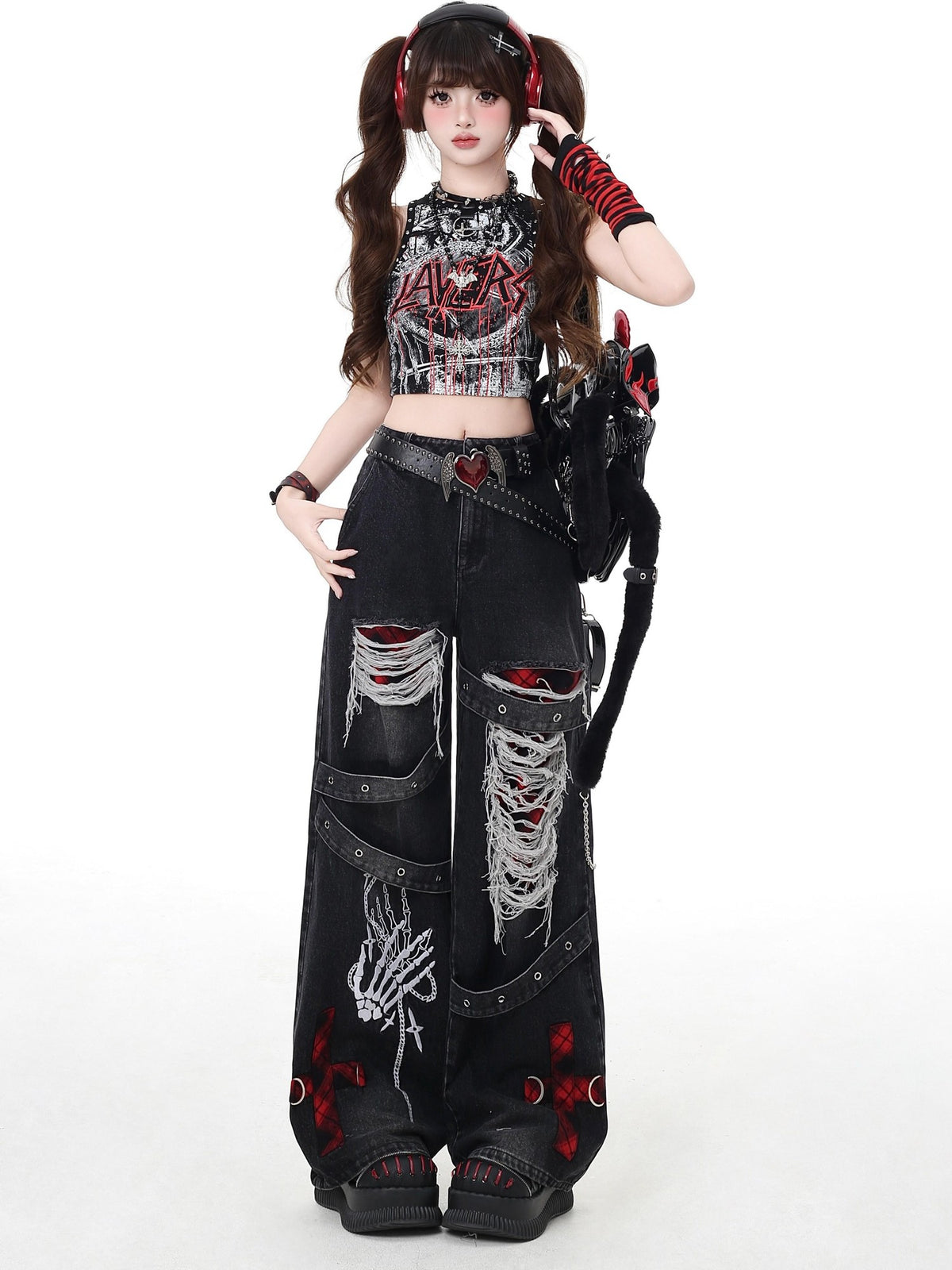 Crazy Girl Vintage Gothic Punk Washed High Waist Loose Women&