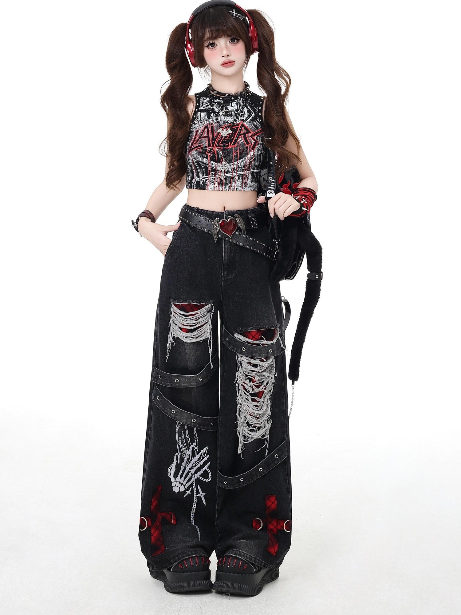 Crazy Girl Vintage Gothic Punk Washed High Waist Loose Women&