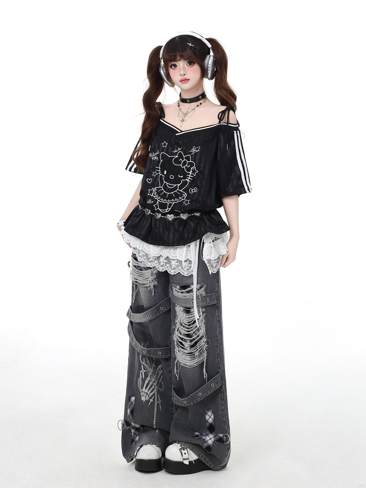 Crazy Girl Vintage Gothic Punk Washed High Waist Loose Women&