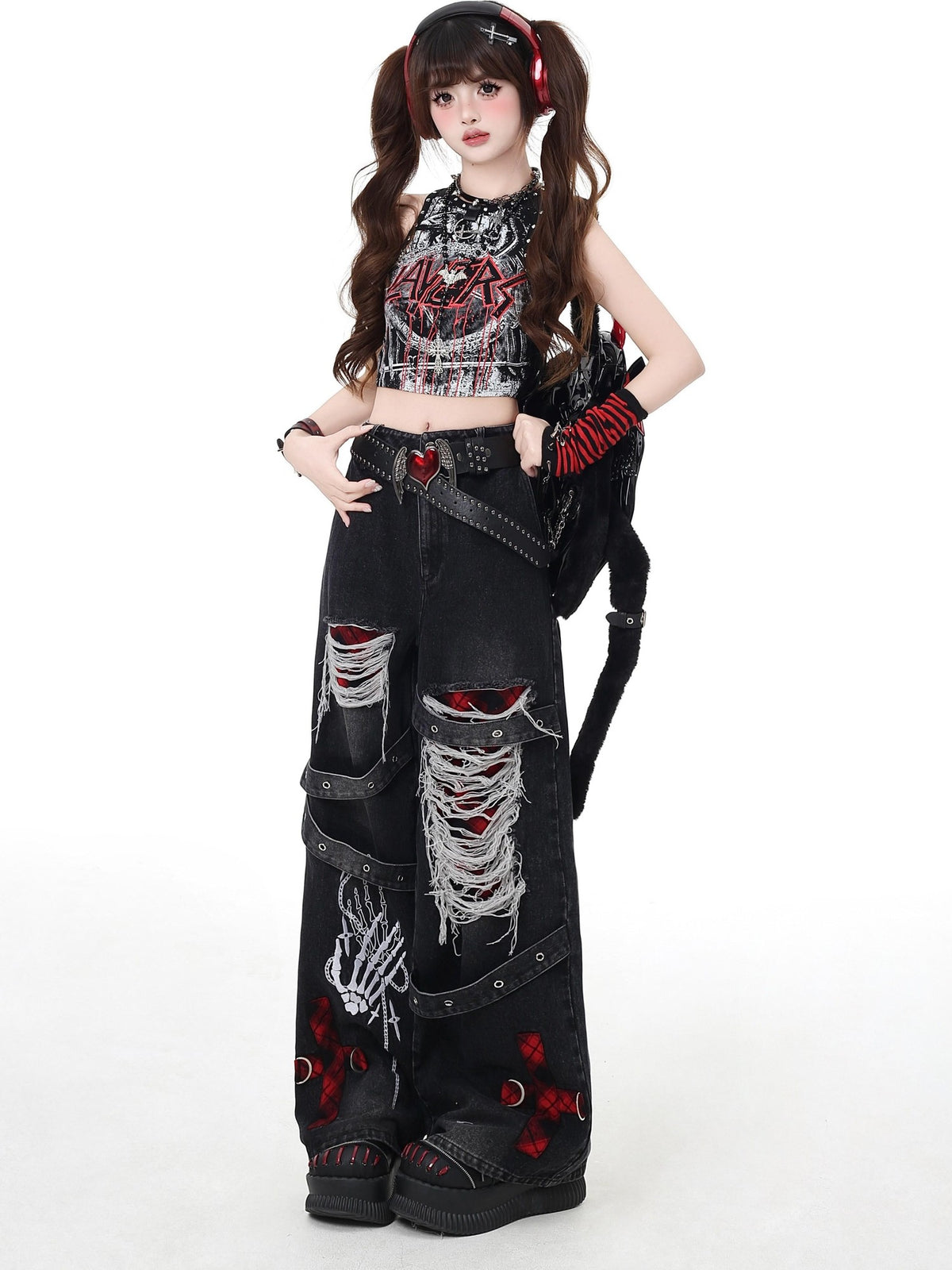 Crazy Girl Vintage Gothic Punk Washed High Waist Loose Women&