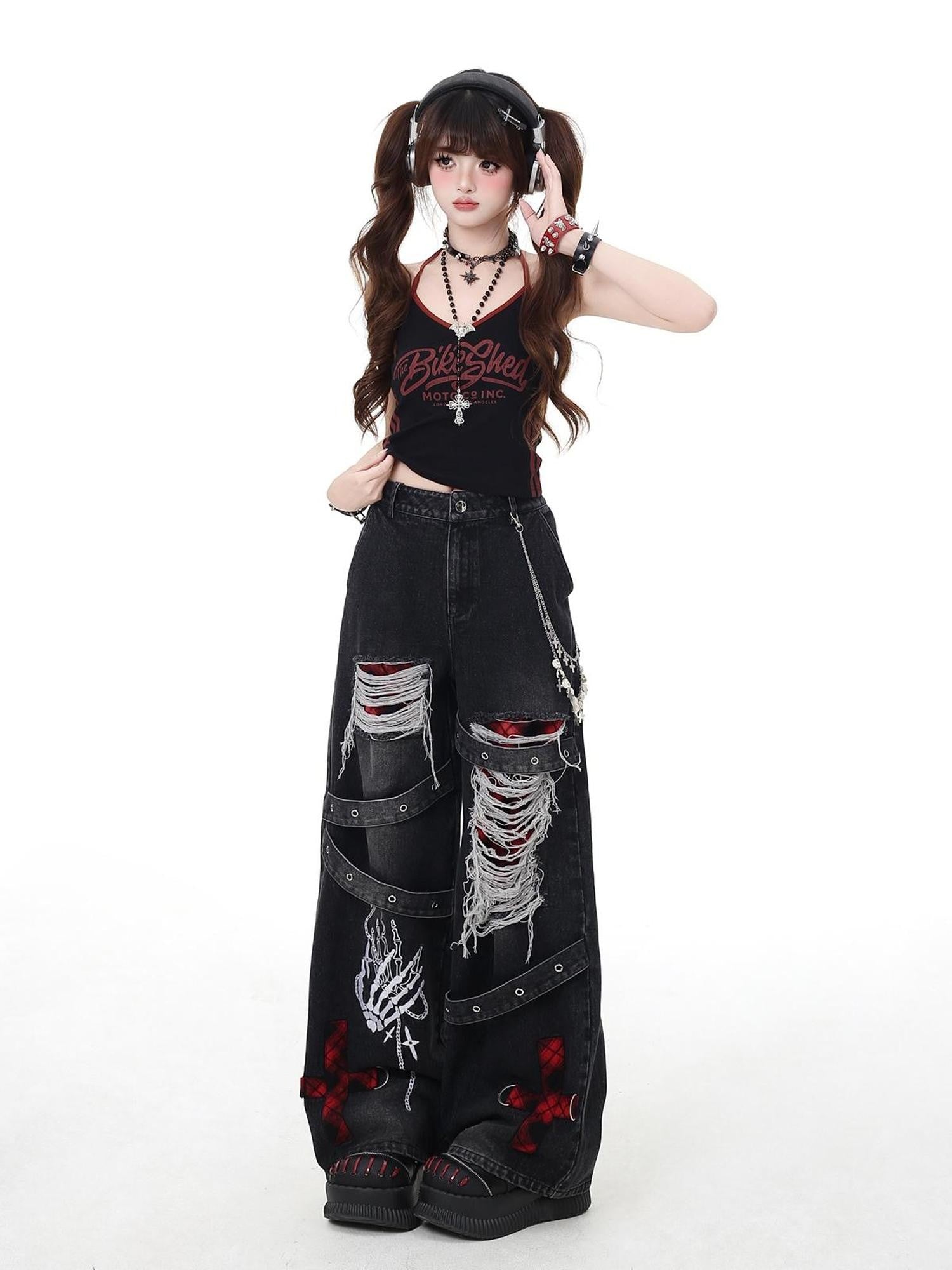 Crazy Girl Vintage Gothic Punk Washed High Waist Loose Women&