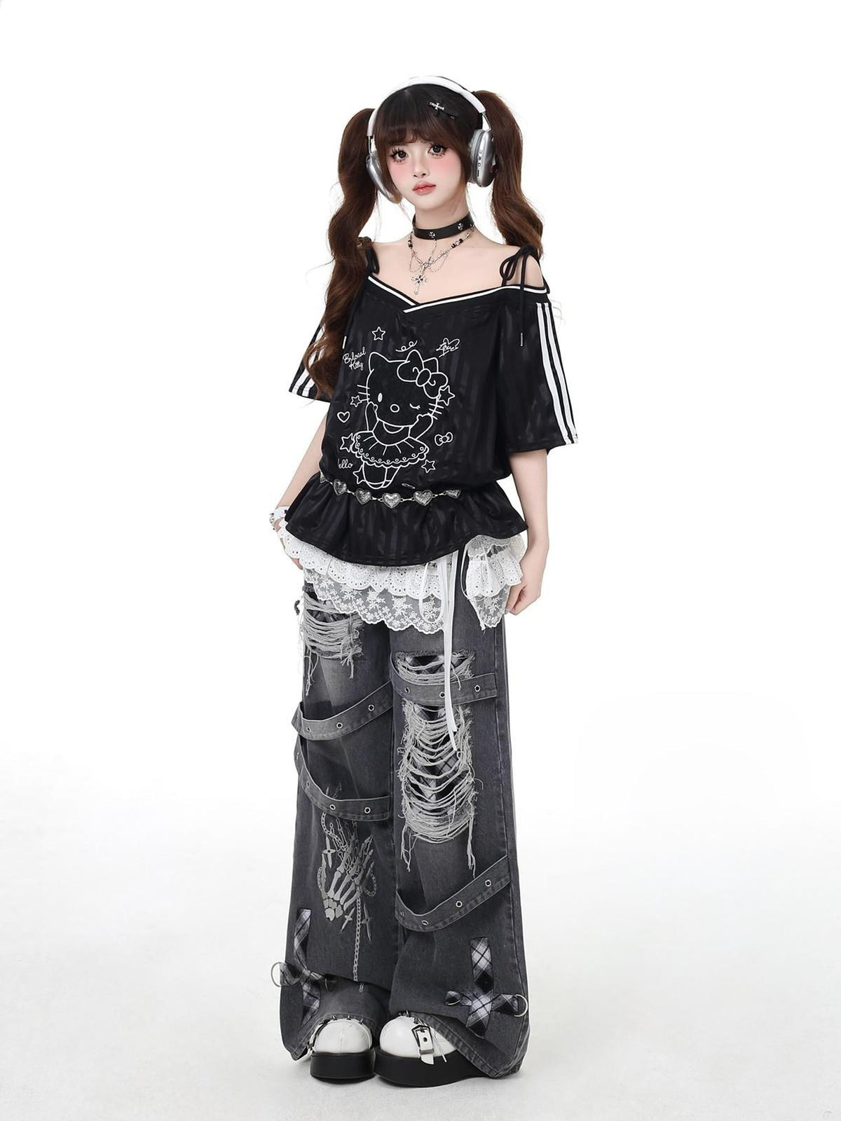 Crazy Girl Vintage Gothic Punk Washed High Waist Loose Women&