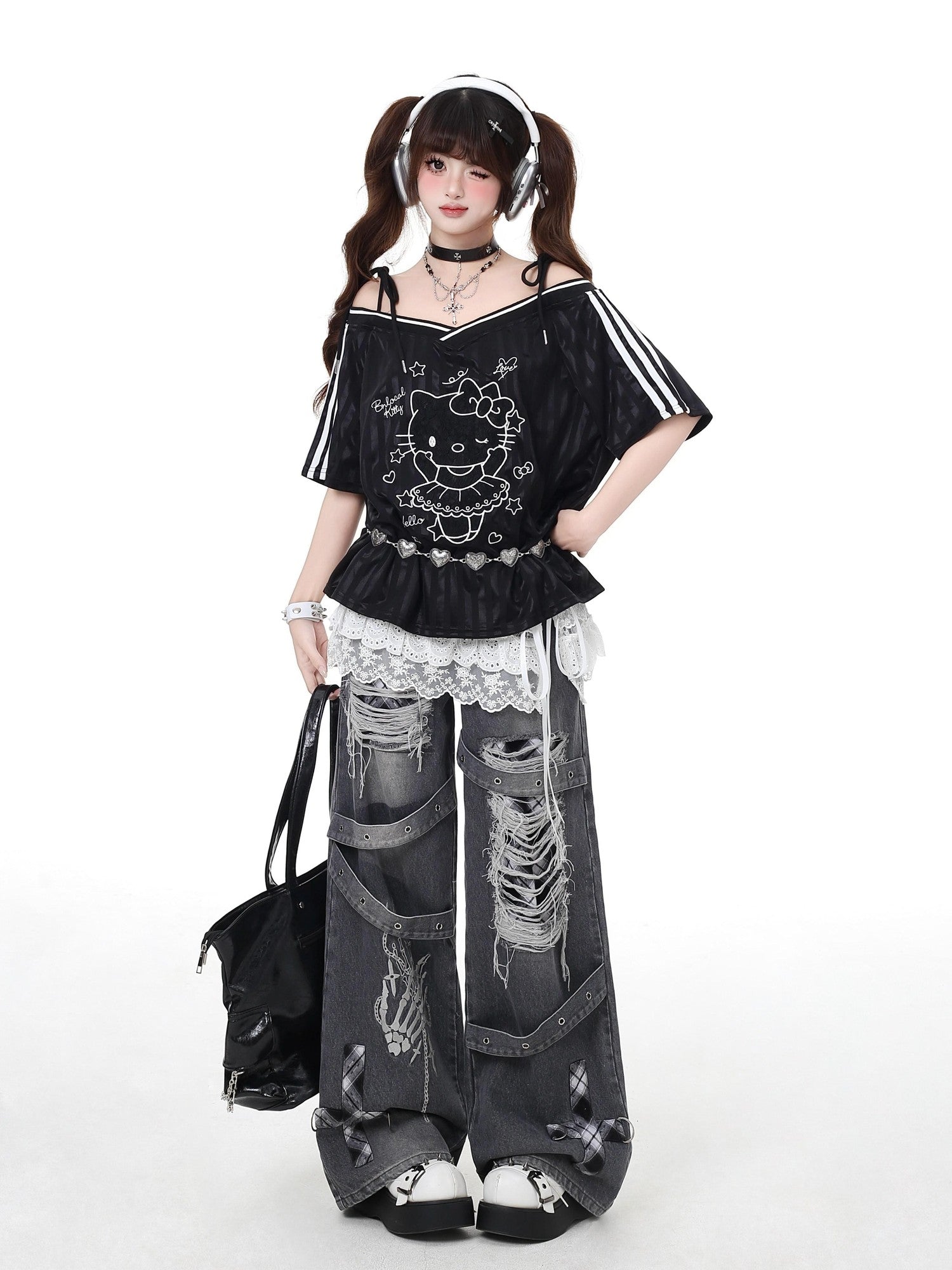 Crazy Girl Vintage Gothic Punk Washed High Waist Loose Women&