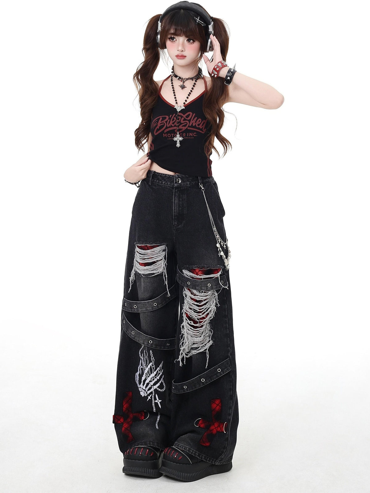 Crazy Girl Vintage Gothic Punk Washed High Waist Loose Women&