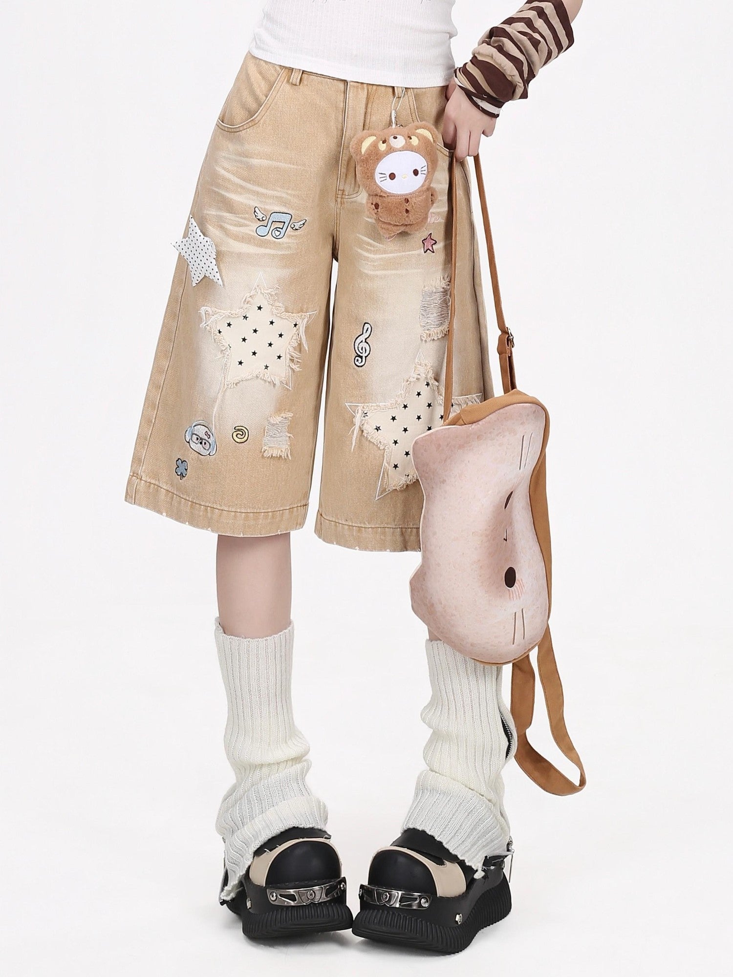 Crazy Girl Vintage Ripped Star Patch Embroidered High Waist Loose Women&