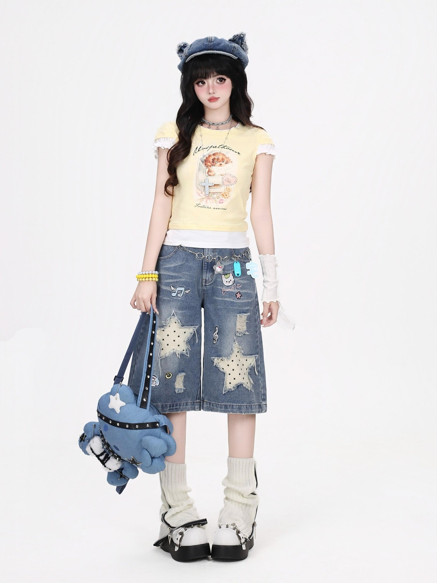 Crazy Girl Vintage Ripped Star Patch Embroidered High Waist Loose Women&