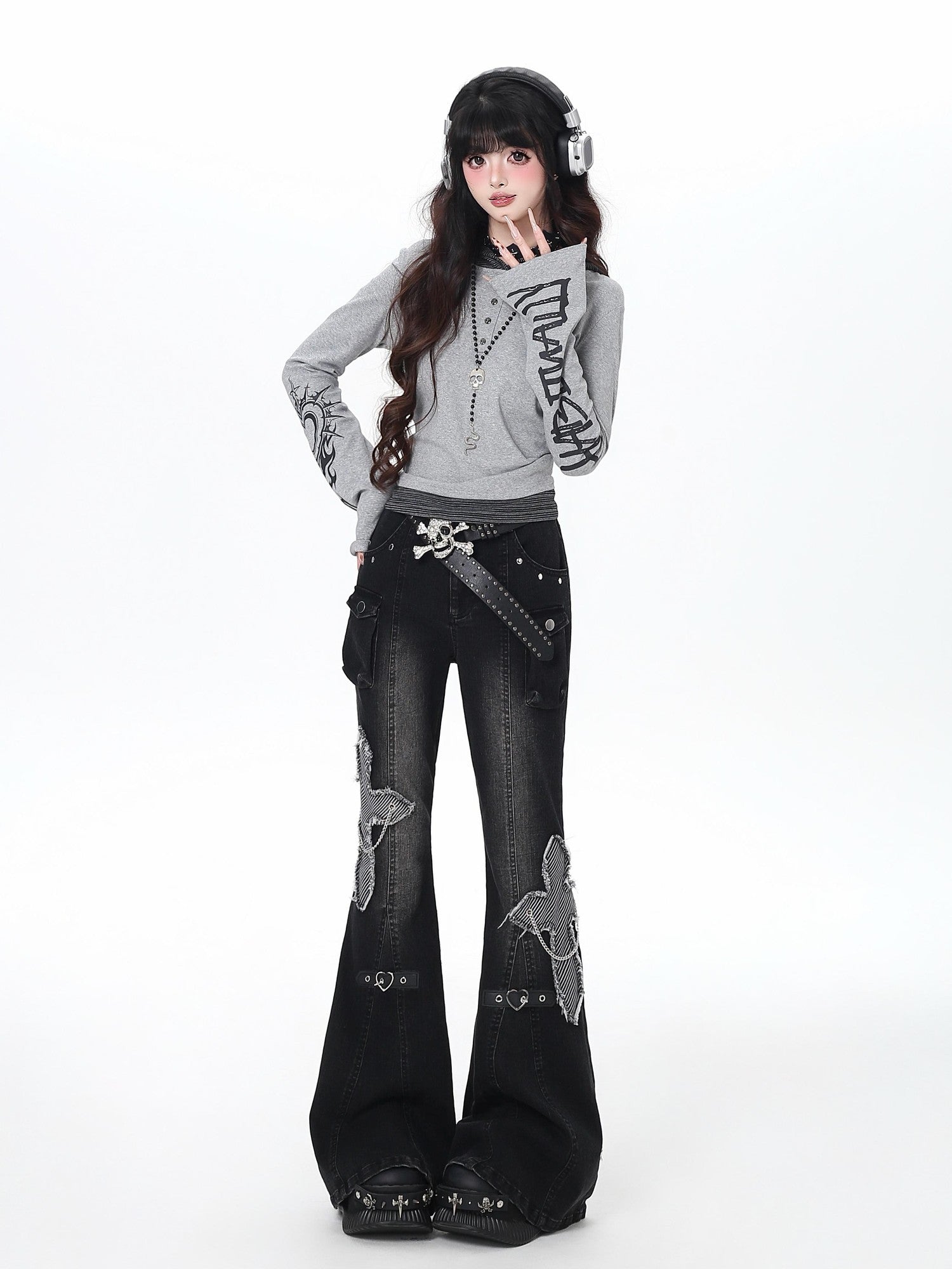 Crazy Girl Vintage Washed Butterfly Rivet High Waist Slim Women&