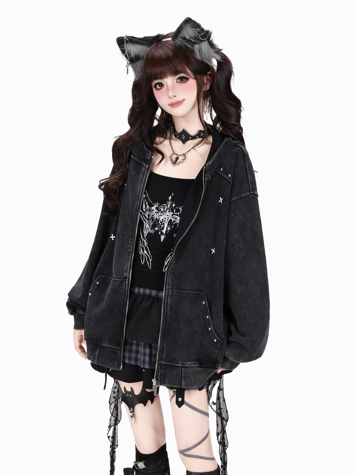 Crazy Girl Vintage Washed Distressed Studded Hooded American Women&