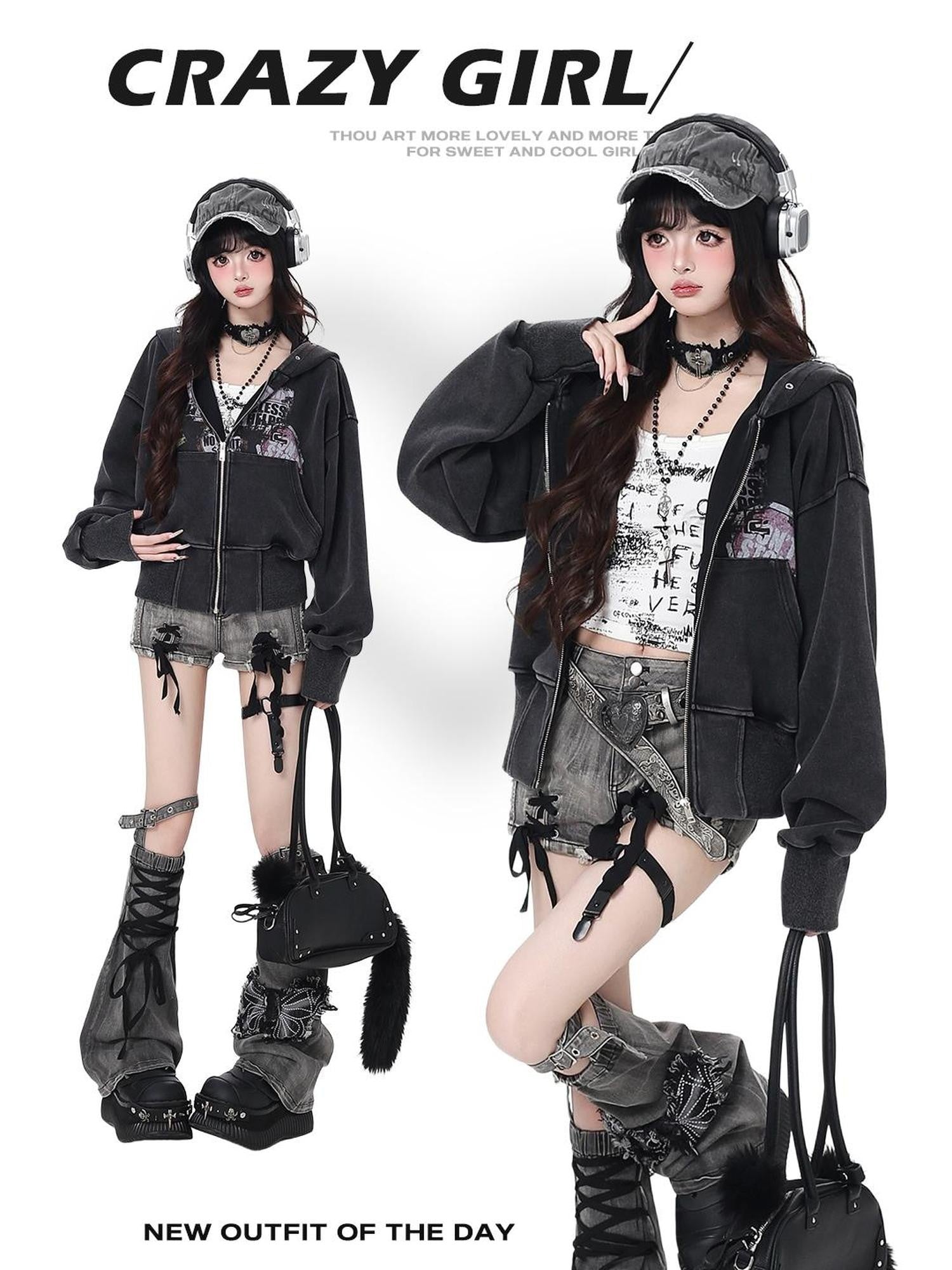 Crazy Girl Vintage Washed Workwear Hooded Cinched Women&