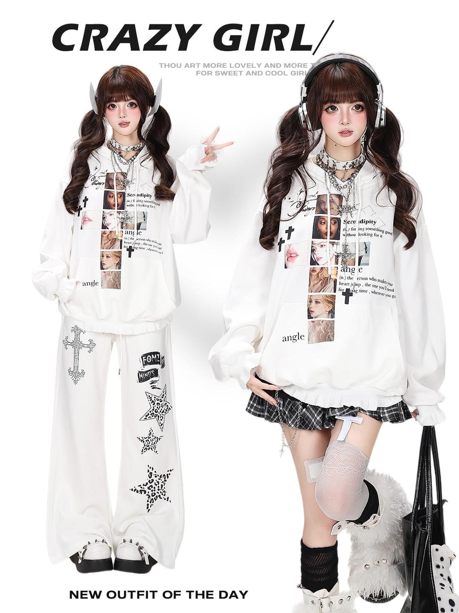 Crazy Girl Visual Character Print Retro Lettering American Street Loose Fit Women&