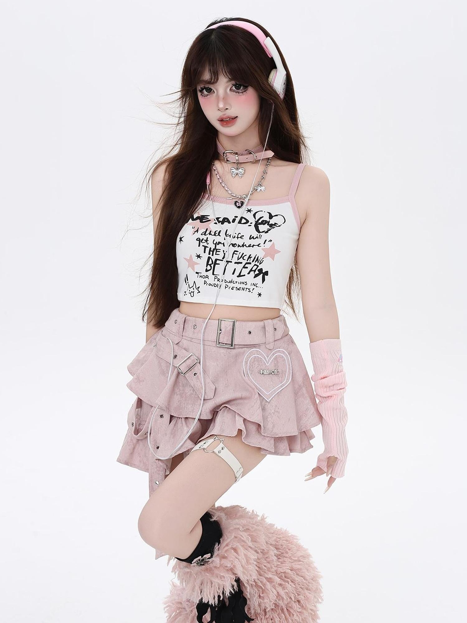 Crazy Girl Y2k Tie Dye Ruffle Asymmetric High Waist Pleated Women&