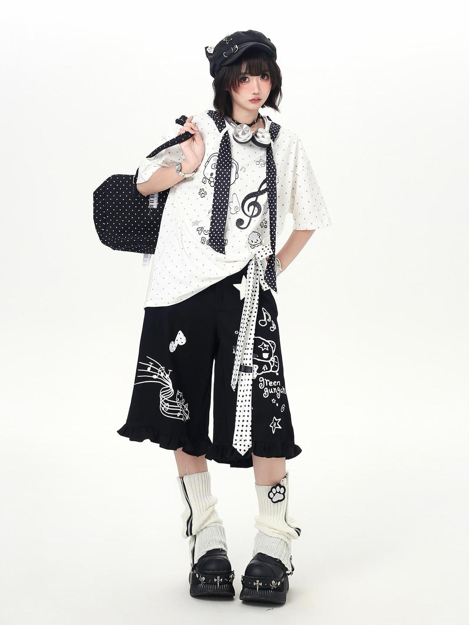 Crazy Girl Youthful Cartoon Graffiti Polka Dot Lace Trim Women&