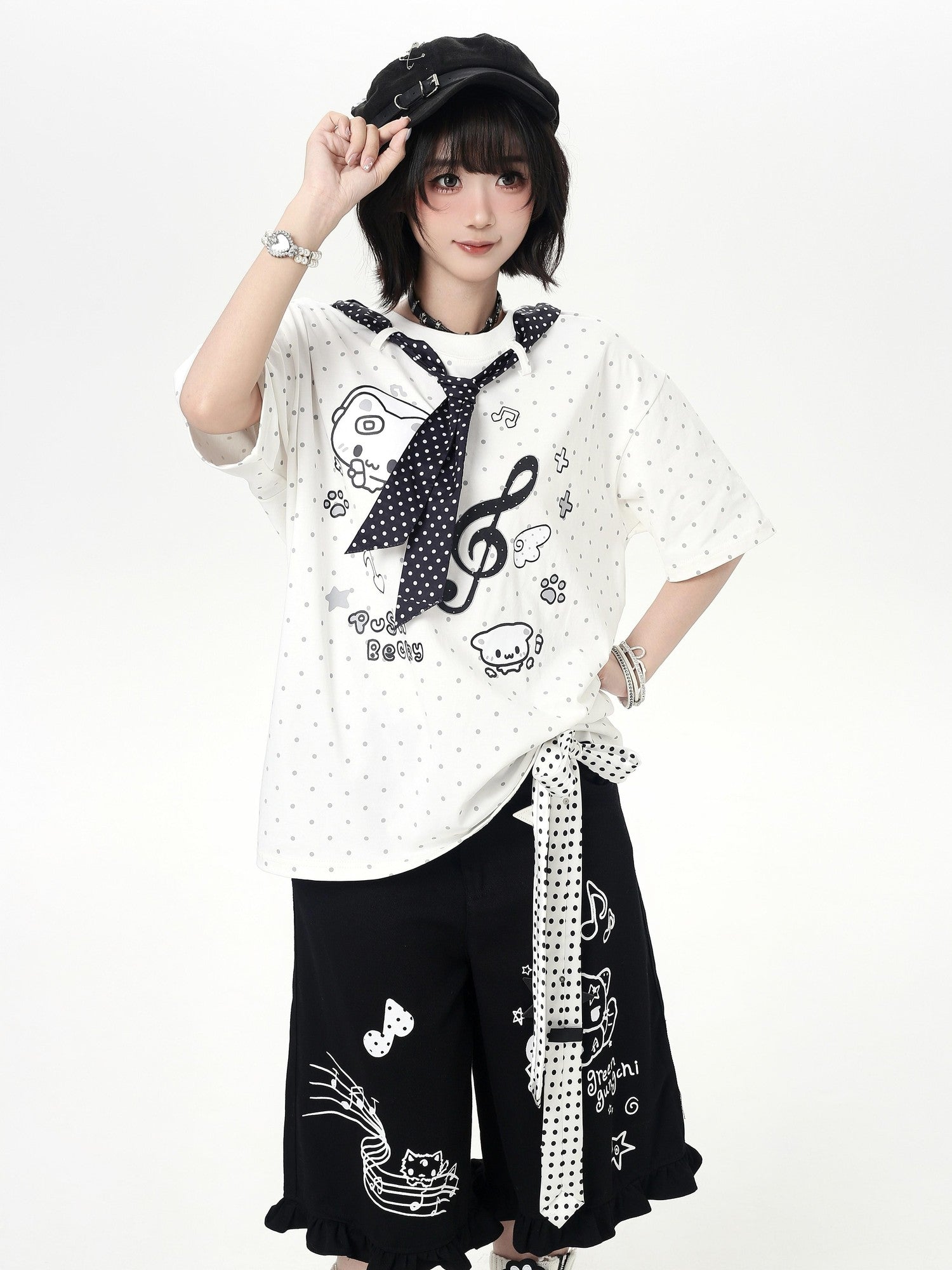 Crazy Girl Youthful Cartoon Graffiti Polka Dot Lace Trim Women&