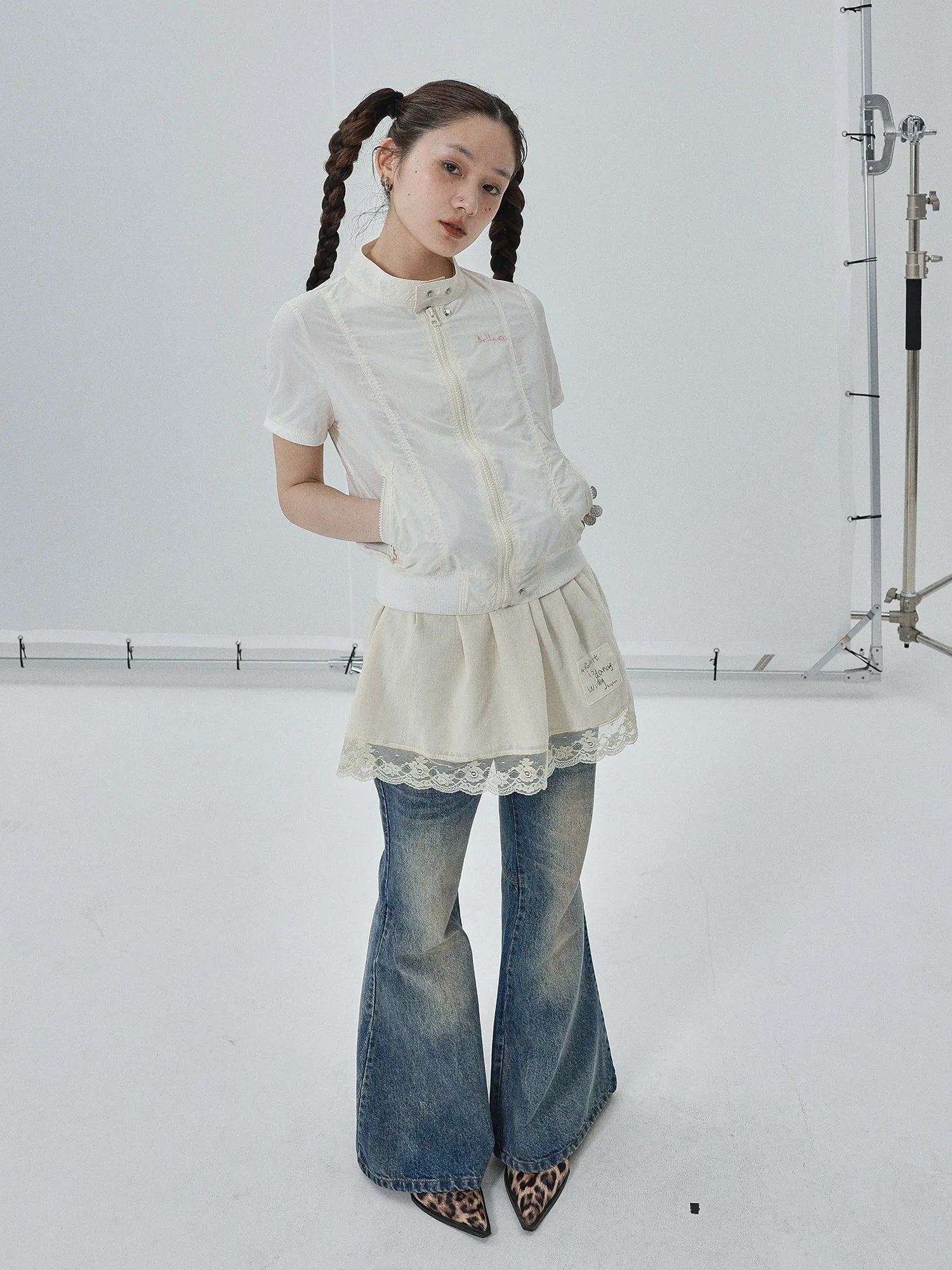 Summer Stand Collar Shirt Jacket In Black & White