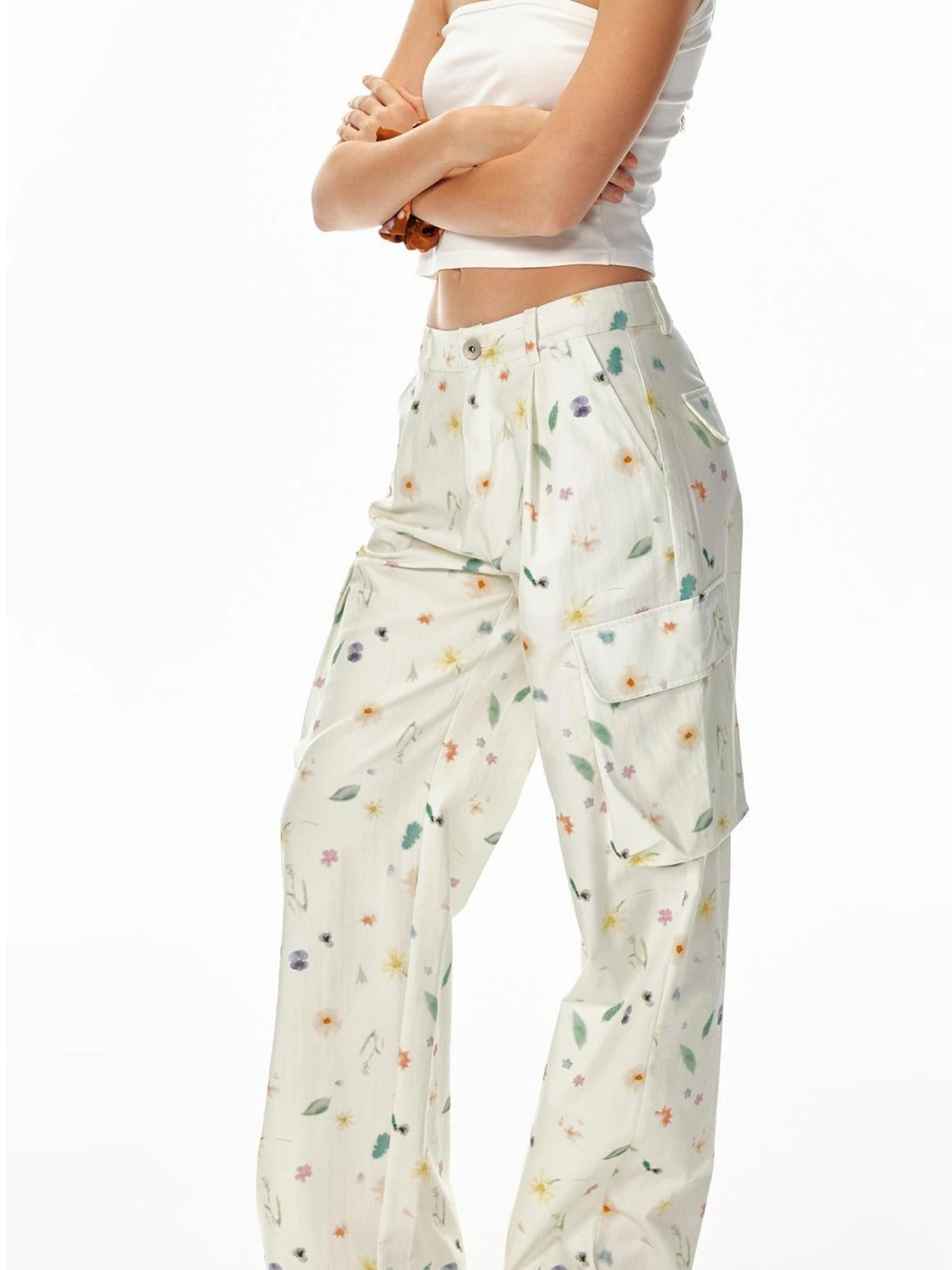 Creative 3D Pocket Beige Casual Floral Print Wide Leg Pants