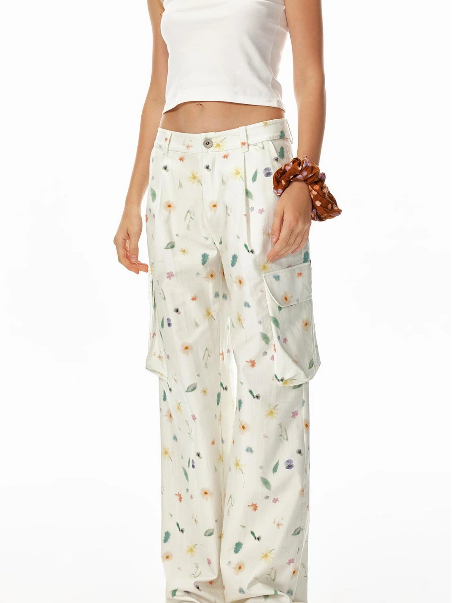 Creative 3D Pocket Beige Casual Floral Print Wide Leg Pants