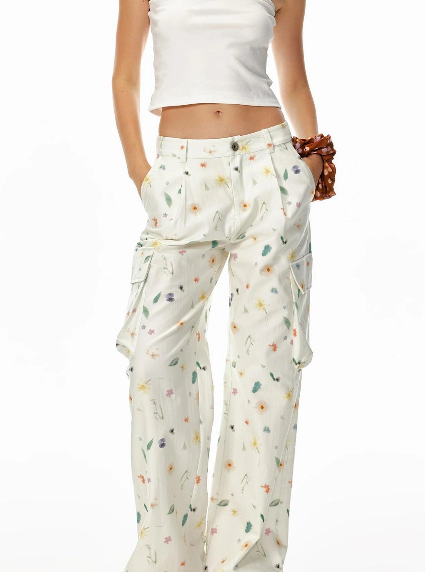 Creative 3D Pocket Beige Casual Floral Print Wide Leg Pants