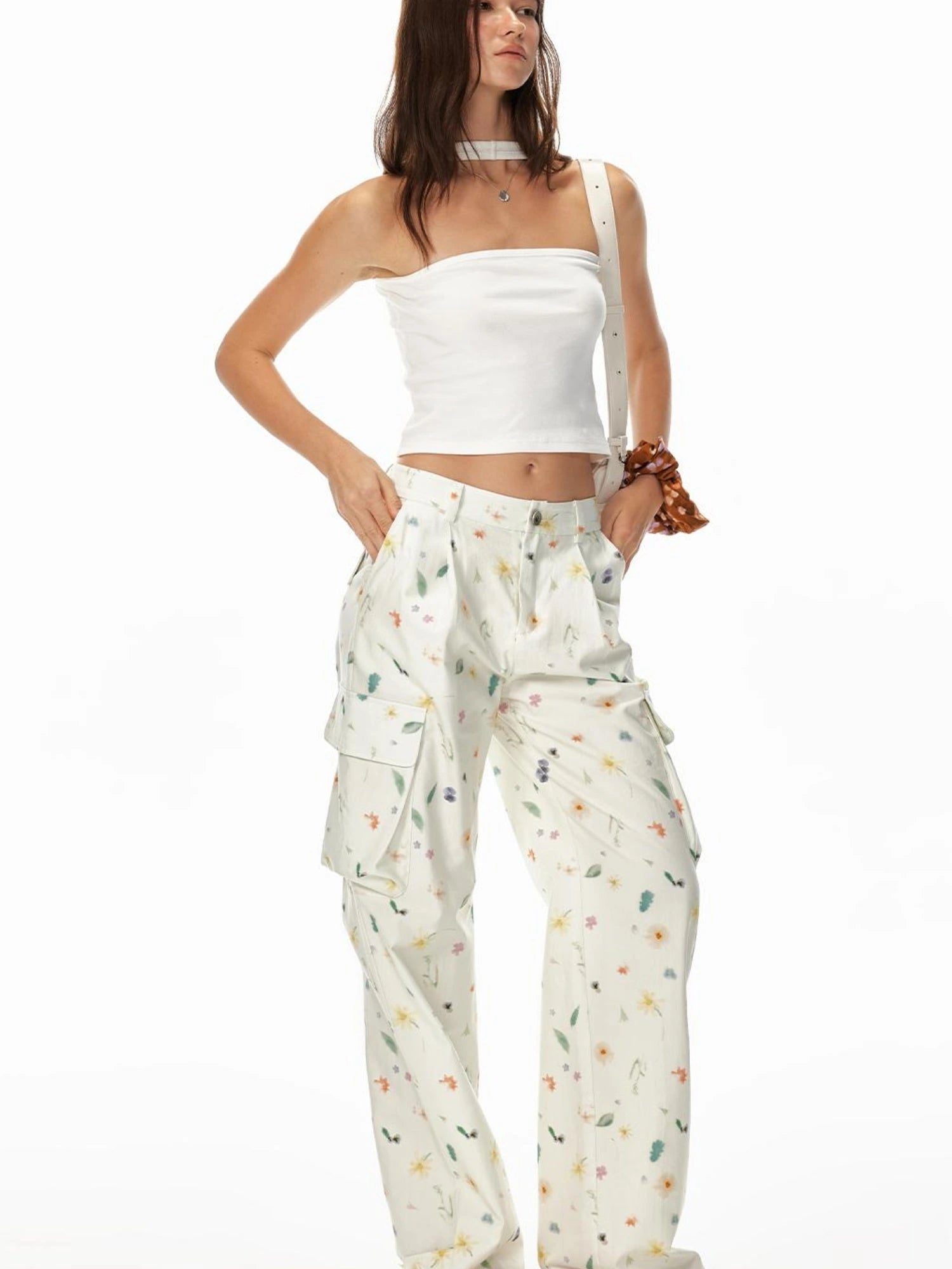 Creative 3D Pocket Beige Casual Floral Print Wide Leg Pants