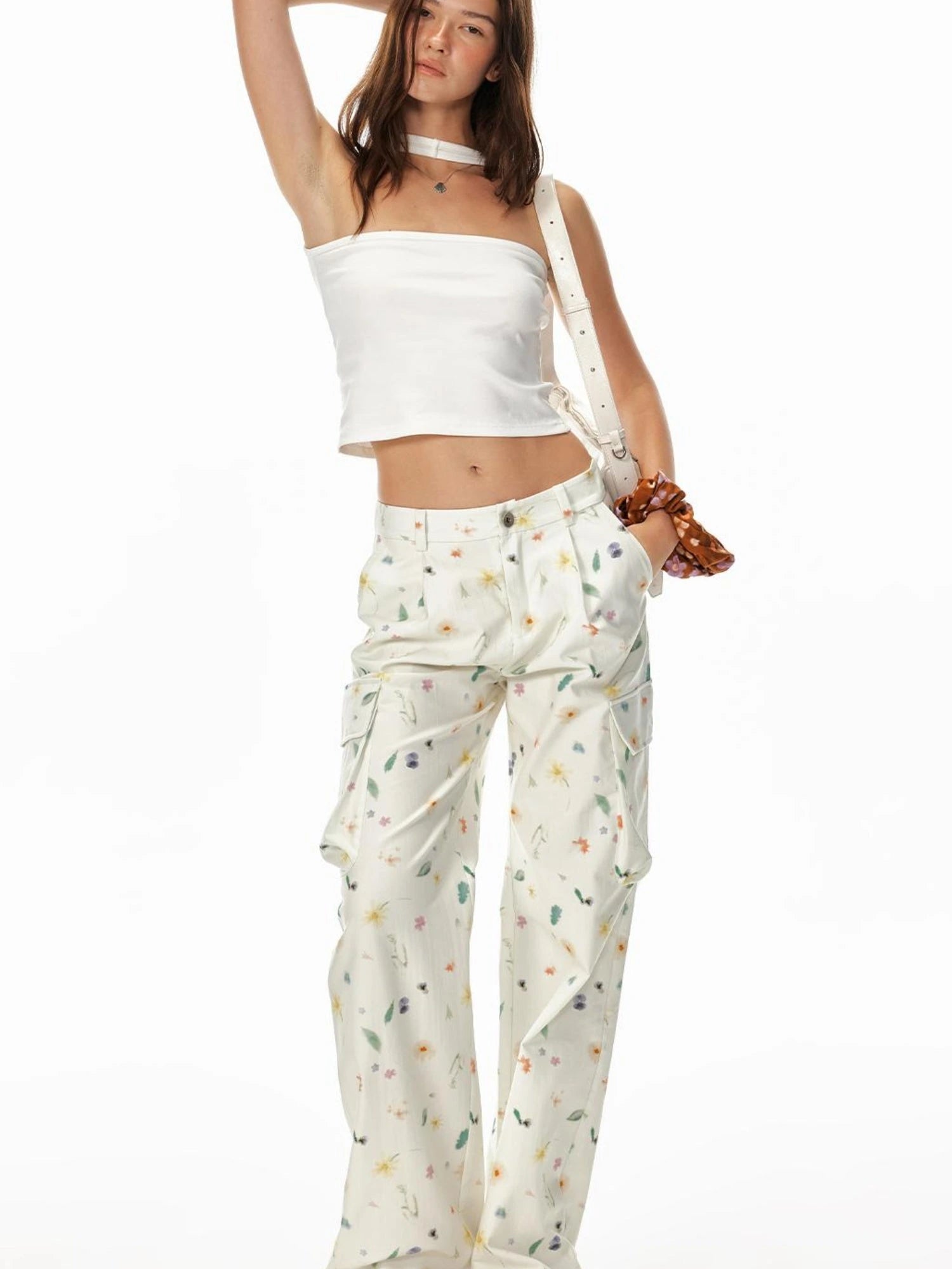 Creative 3D Pocket Beige Casual Floral Print Wide Leg Pants