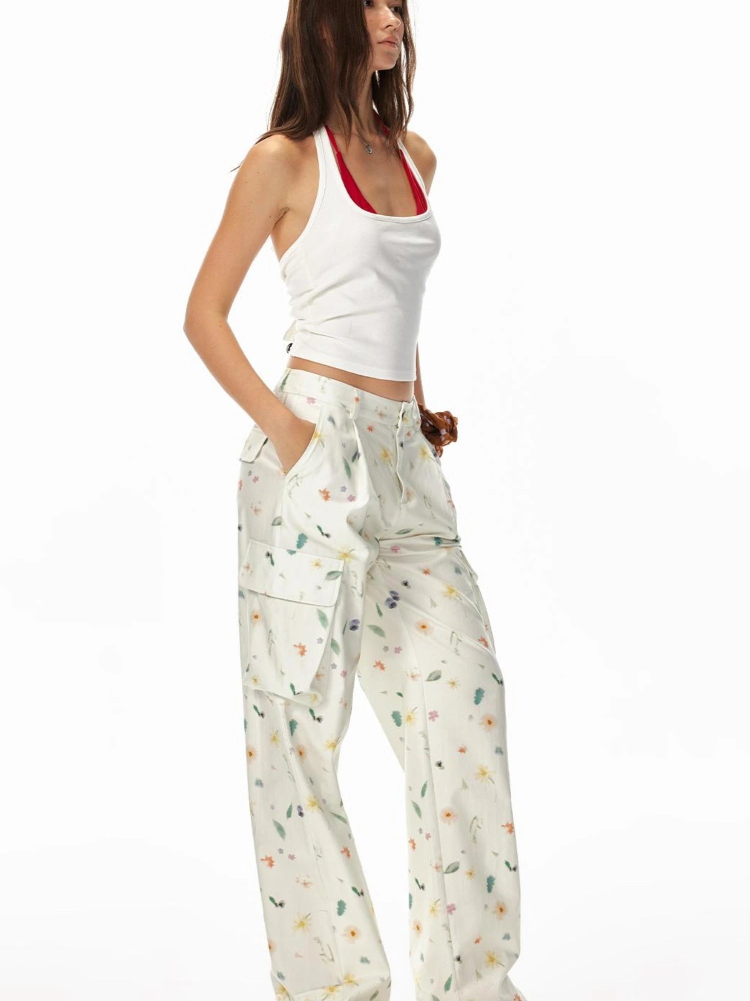 Creative 3D Pocket Beige Casual Floral Print Wide Leg Pants