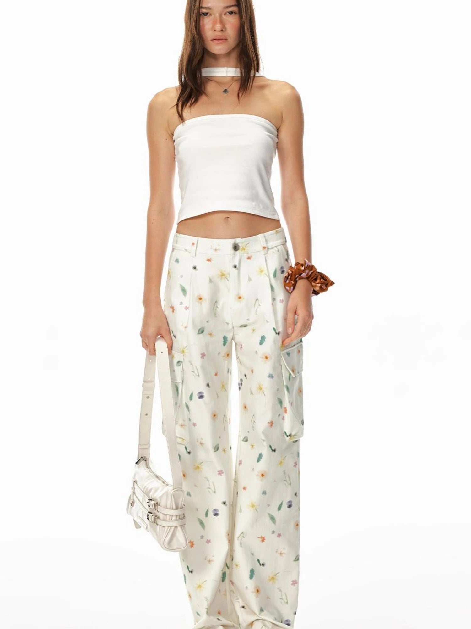 Creative 3D Pocket Beige Casual Floral Print Wide Leg Pants