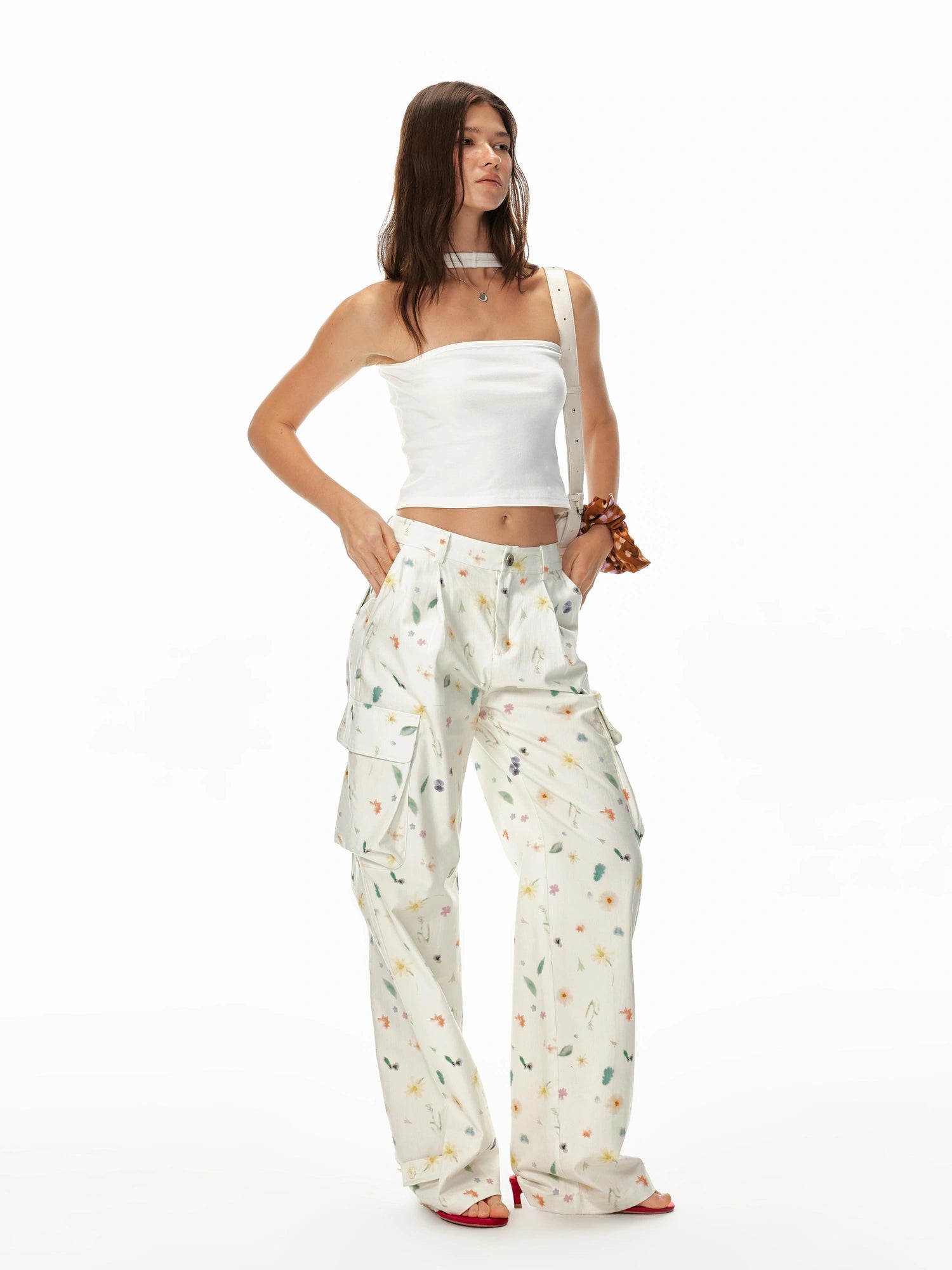 Creative 3D Pocket Beige Casual Floral Print Wide Leg Pants