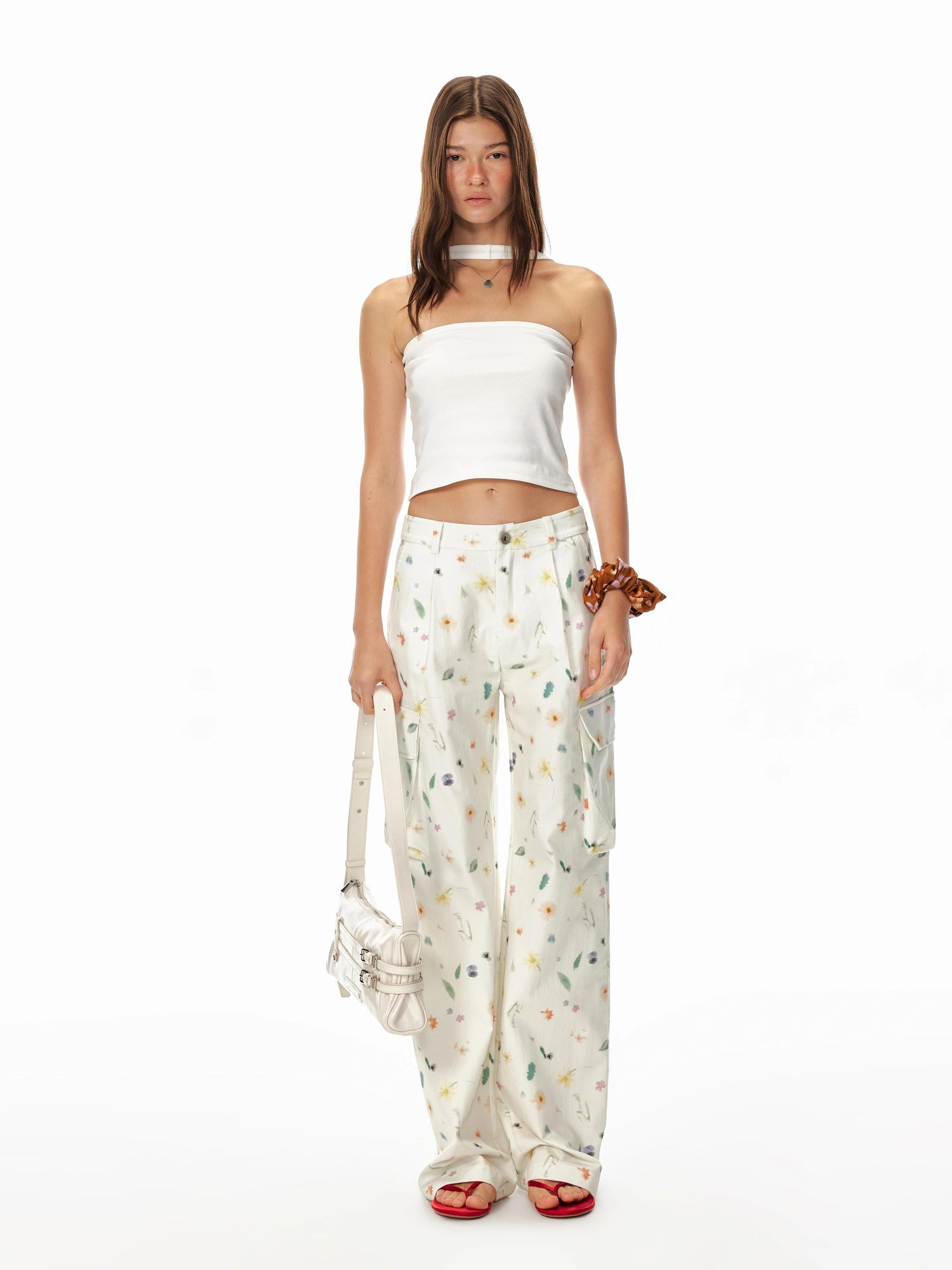 Creative 3D Pocket Beige Casual Floral Print Wide Leg Pants