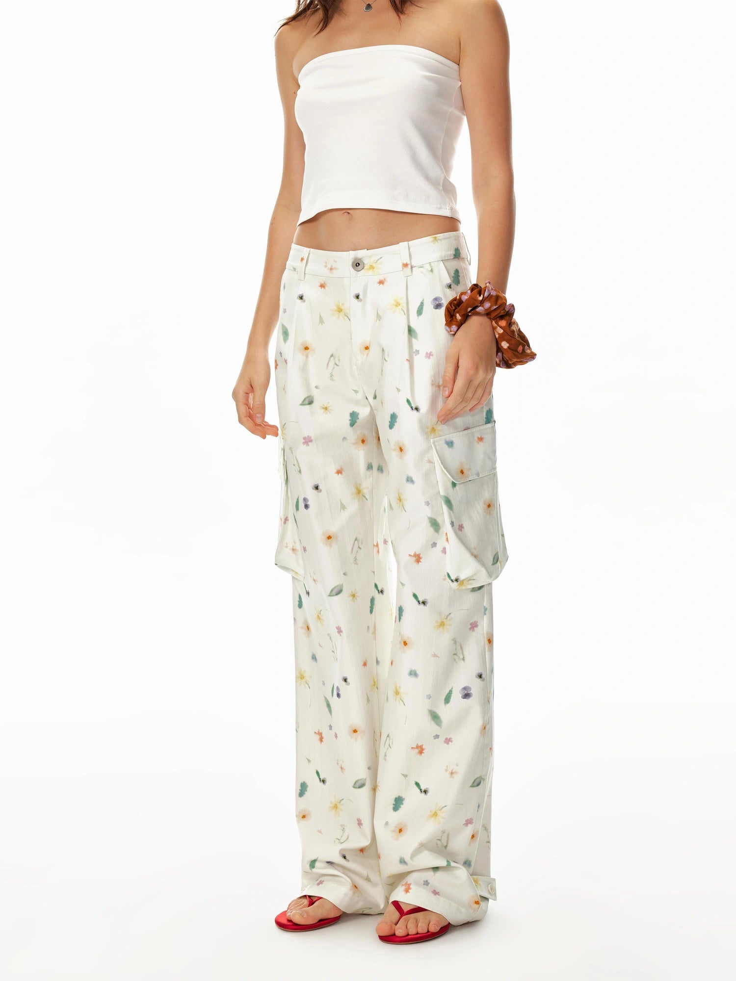 Creative 3D Pocket Beige Casual Floral Print Wide Leg Pants